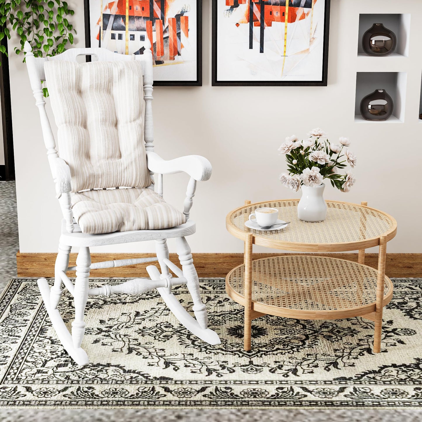 Klear Vu The Gripper Non-Slip Rocking Chair Cushion Thick, Includes Seat Pad & Back Pillow with Ties for Indoor Living Room Rocker, 17x17 Inches, 2 Piece Set, Cream