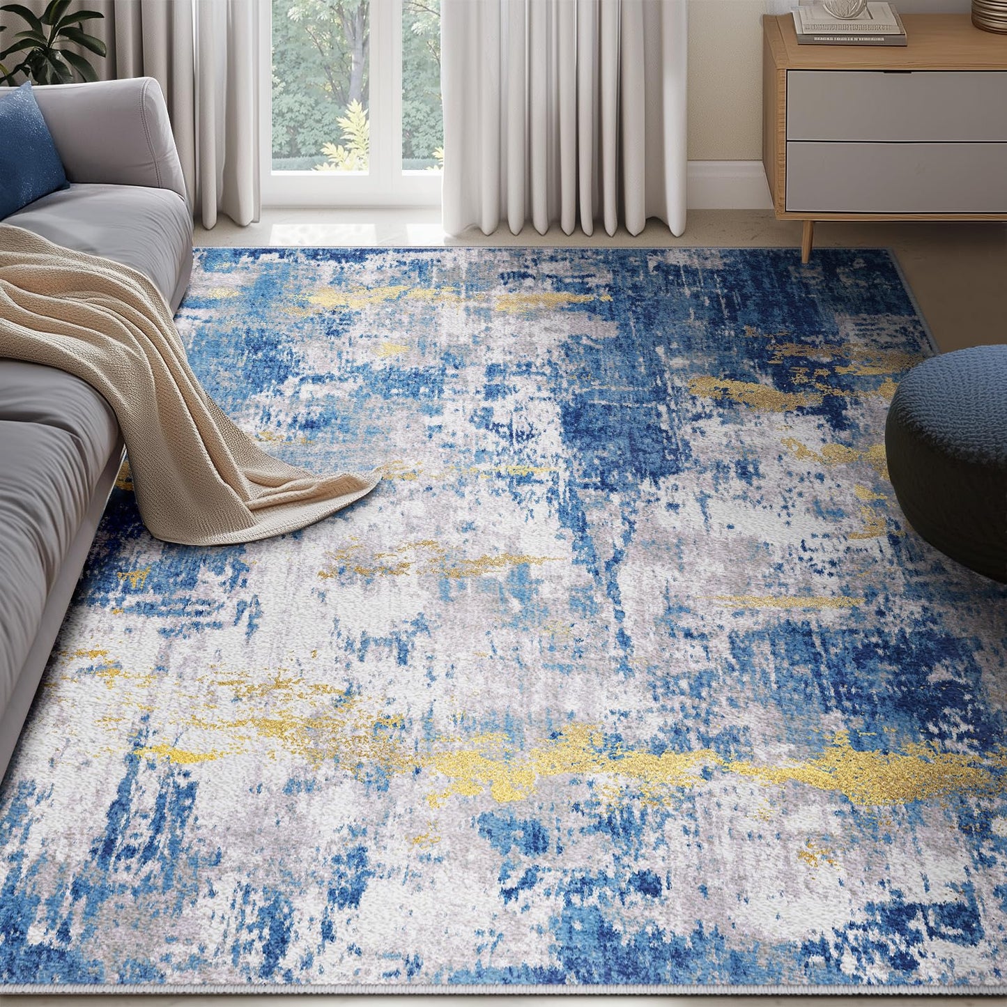 RELEANY Washable Area Rugs 5'x7' Non-Slip Modern Abstract Soft for Living Room Entryway Bedroom Nursery, Print Pattern, Grey Blue Gold/Golden