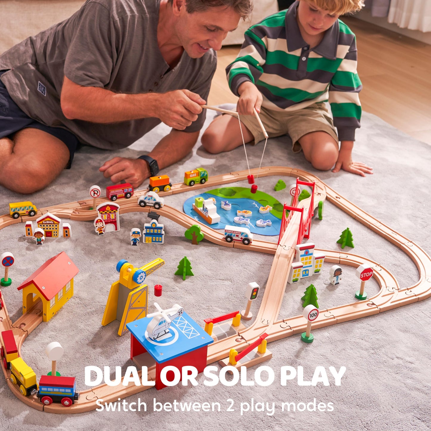 110PCS Wooden Train Set - Urban Journey, City Scene Railway Set with Magnetic Trains, Cars, Helicopter & Ship, Perfect Christmas Birthday Toy Gift for Kids Toddlers Boys Girls Ages 3-8