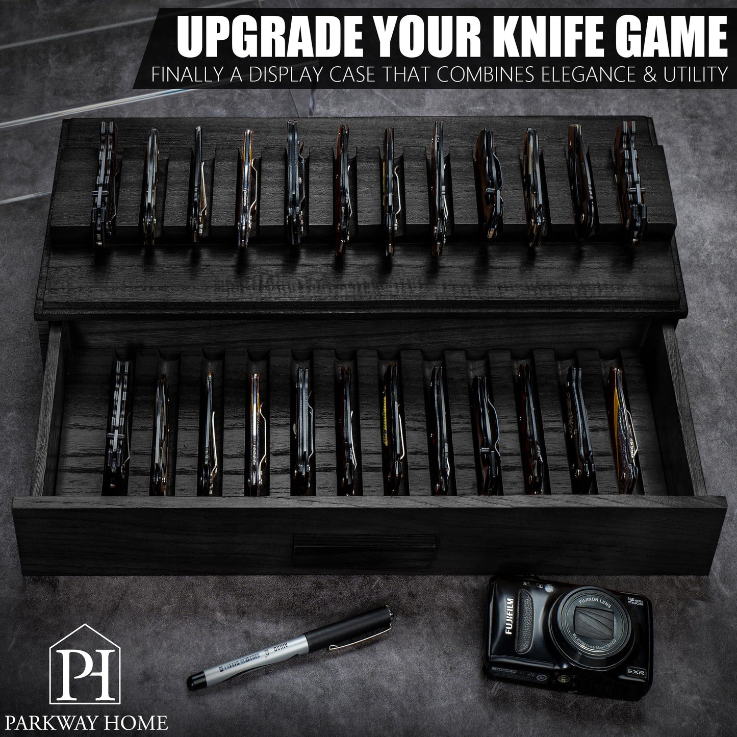 Large Black Pocket Knife Display Case – Wooden Pocket Knife Case Box for 24 Knives with Sturdy Clear Cover – Large Knife Storage Organizer and Knife Cases for Collections with EDC Drawer, Knife Box