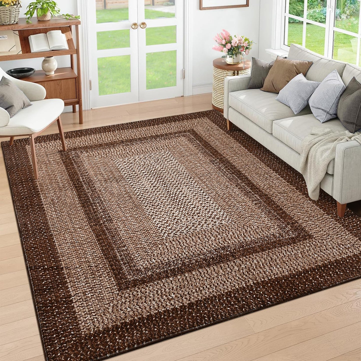 RUGSREAL Washable Rug 5x7 Boho Accent Bedroom Rugs Modern Geometric Floor Carpet Indoor Low Pile Non Slip Farmhouse Rustic Bohemian Carpet for Living Room Nursery Kitchen, Brown