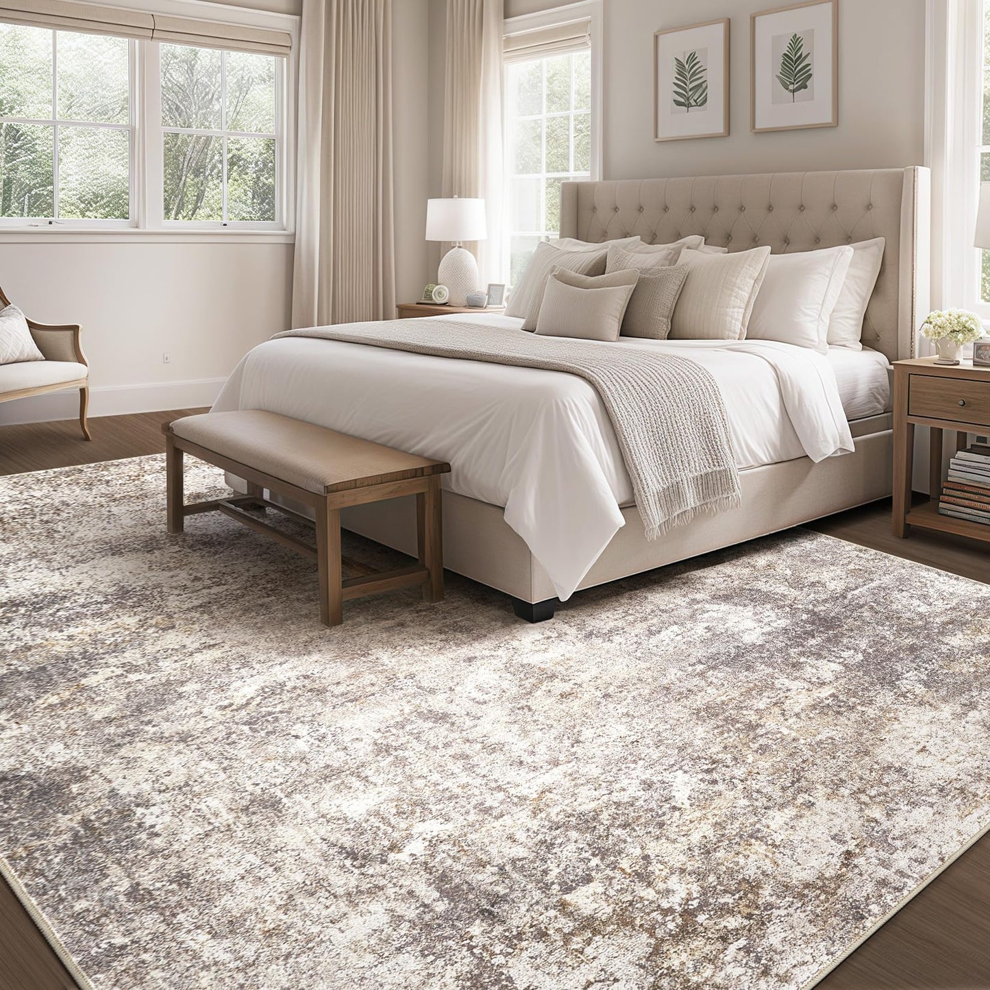 Area Rug Living Room Rugs - 9x12 Abstract Large Soft Indoor Washable Rug Neutral Modern Low Pile Carpet for Bedroom Dining Room Farmhouse Home Office - Brown