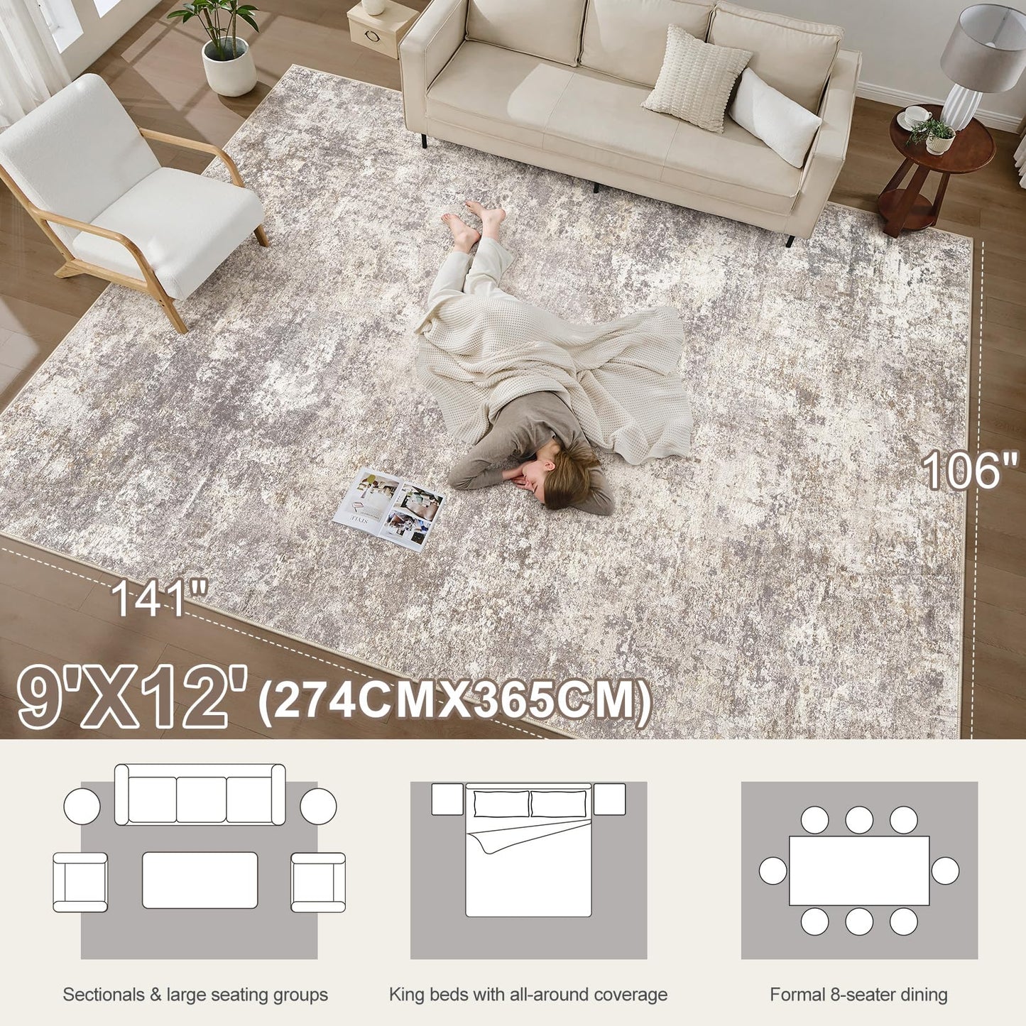 Area Rug Living Room Rugs - 9x12 Abstract Large Soft Indoor Washable Rug Neutral Modern Low Pile Carpet for Bedroom Dining Room Farmhouse Home Office - Brown