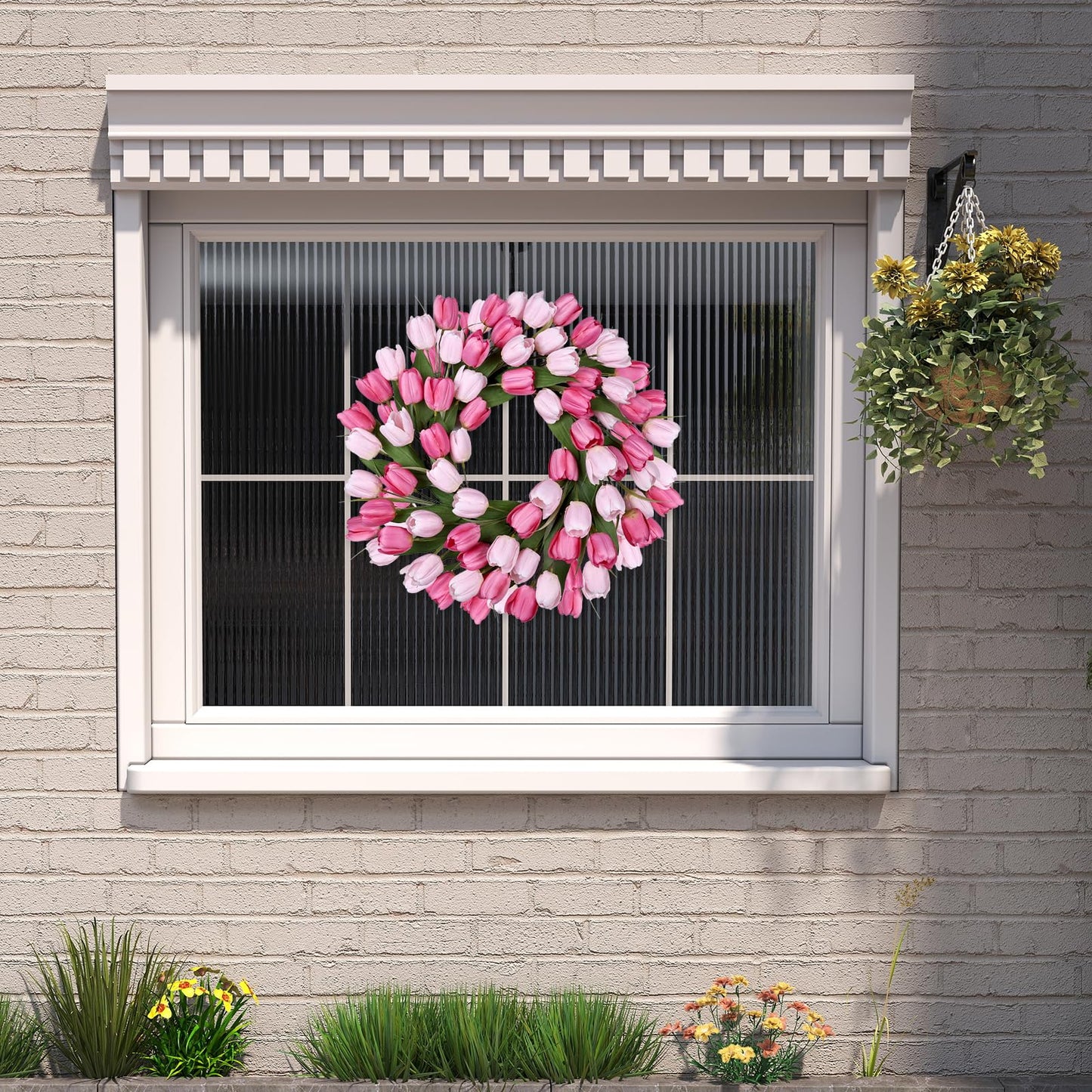 24 Inch Tulip Summer Wreath for Front Door Spring Silk Wreath with Green Leaves Artificial Tulip Flower Wreaths for All Seasons Farmhouse Porch Wall Living Room Home Widding Decor-Red