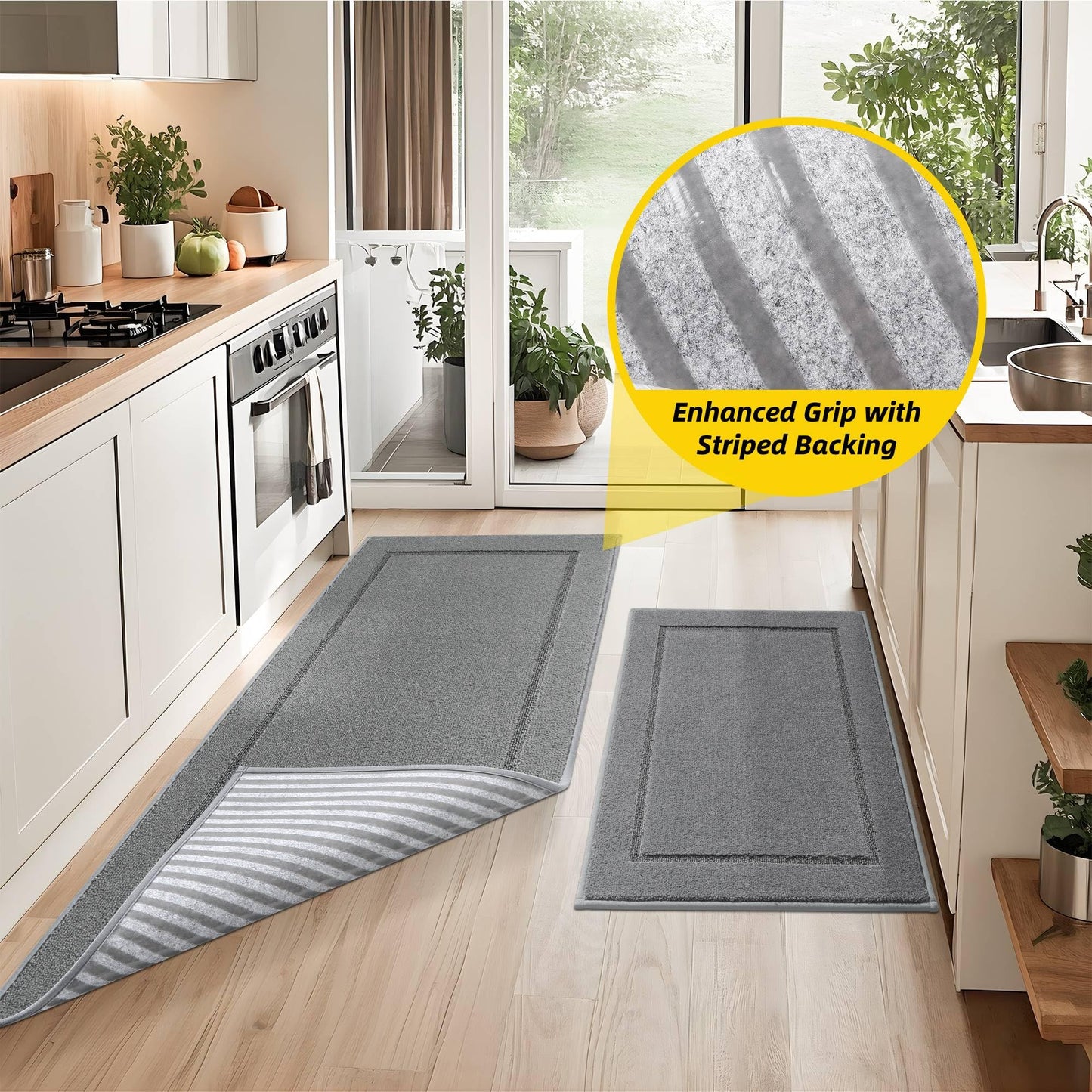 Non-Slip Kitchen Mats, Self Adhesive No Sliding Kitchen Rugs Set of 2, Soft Washable Absorbent Floor Rugs for Area Rug, Kitchen, Entrance, Bathroom, Laundry Room, Bedroom, 24”x36”+24”x60”, Light Grey