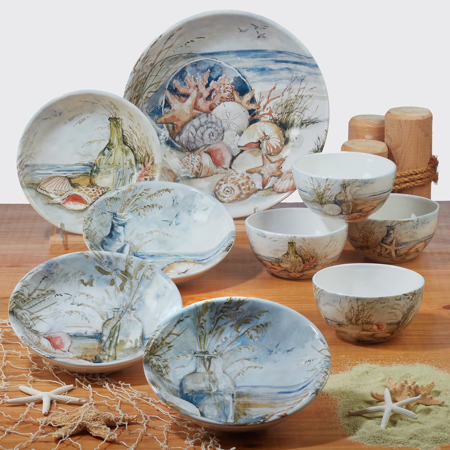 Coastal Landscape 16 oz. Ceramic Mugs – Set of 4 Assorted Beach Designs with Starfish, Shells & Ocean Bottles – Seaside Coffee Cups for Tea, Hot Cocoa, or Gifting – Blue Handle Accent