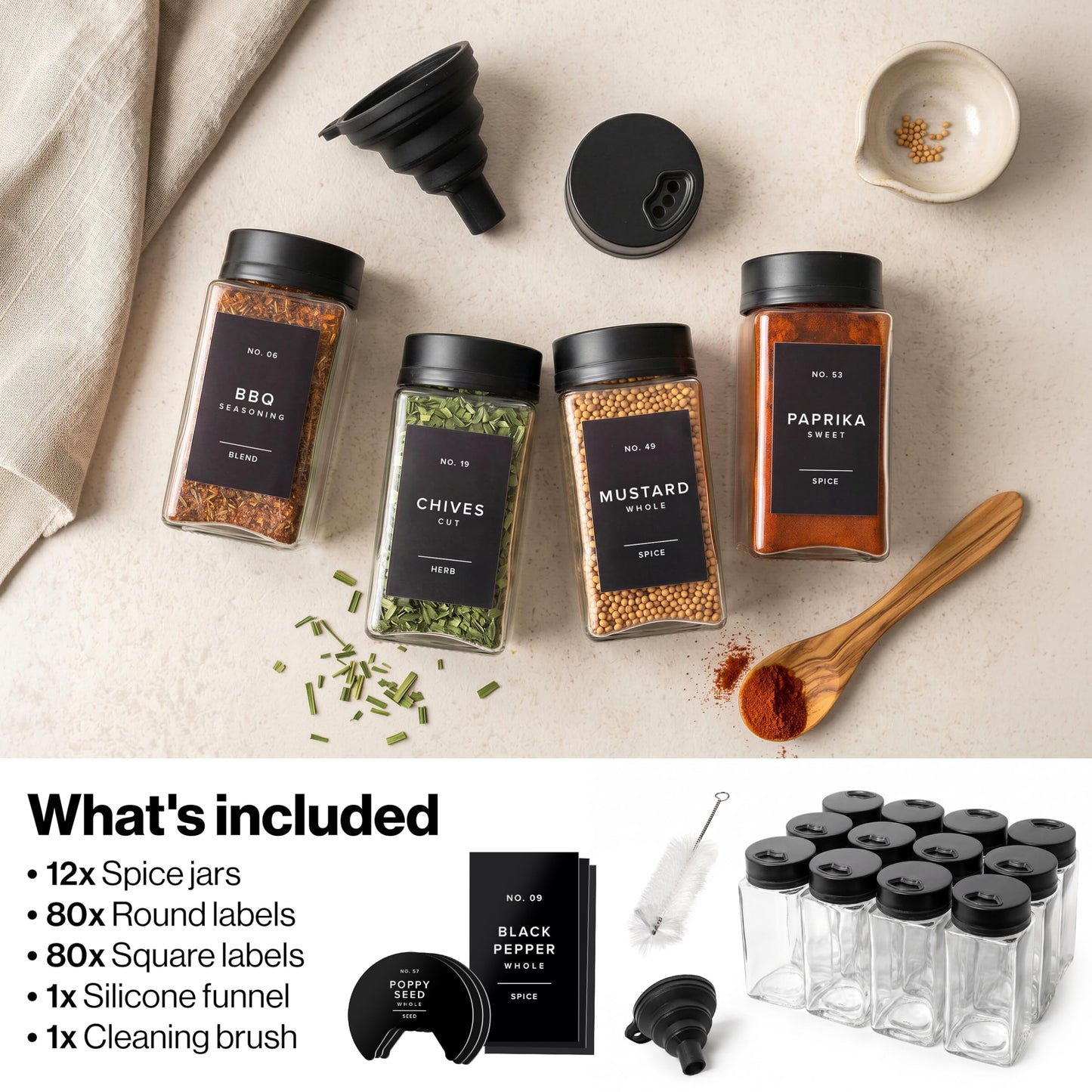 EDELHAUS Glass Spice Jars with Labels & Black Rotating Lids – 12 Large Square Airtight Containers 6.7 oz / 200ml with Shaker Inserts, Funnel & 160 Waterproof Labels for Kitchen Pantry Organization