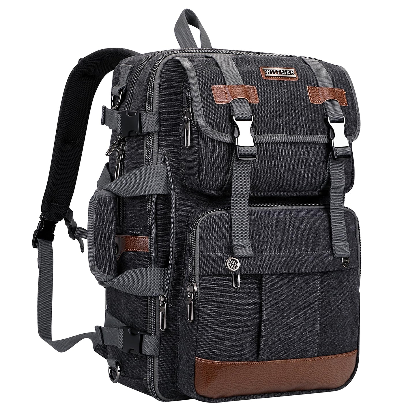 WITZMAN Canvas Travel Backpack for Men Large Laptop Backpack Fit 16 inch Carry-on Airline Approved Convertible Shoulder Rucksack(A6617-3 Black)