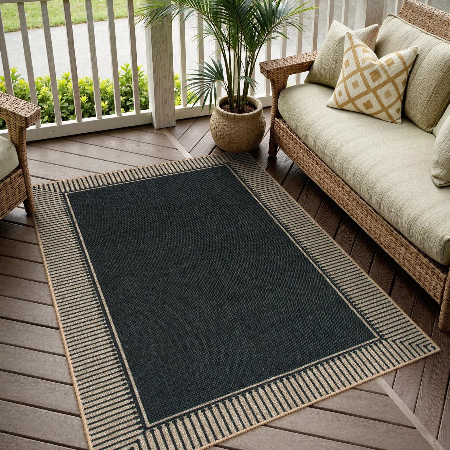 Moynesa Striped Border Easy Jute Outdoor Rug 5x7 Area Rugs for Living Room, Washable Indoor Outdoor Patio Rug Non Slip Low Pile, Black Farmhouse Carpet for Backyard Bedroom Dining Room