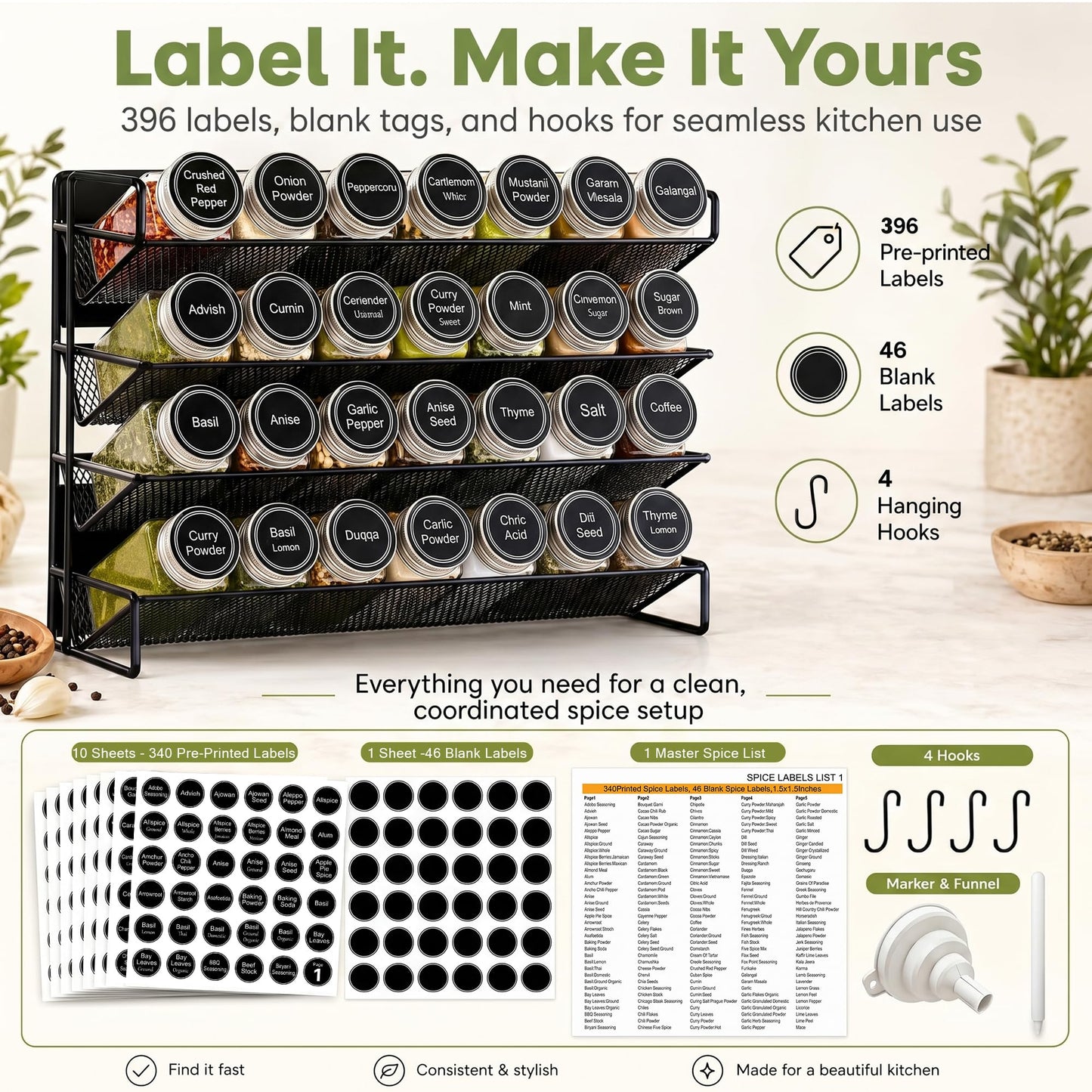 UVIAHOMI Magnetic Spice Rack Organizer for Refrigerator with 28 Spice Jars, 386 Spice Labels, 4 Hook, Chalk Marker and Funnel Set, Magnetic Shelf for Seasoning Organizer, 13.2'' W x 9.8 H, Black