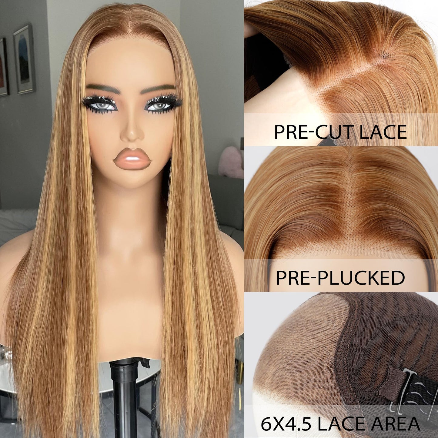 BLL Glueless Wig, Honey Blonde Synthetic Lace Front Wigs for Black Women Pre Plucked Pre Cut 6x4.5 Lace Easy to Wear Put on and Go 26inch Long Straight Highlight Wig