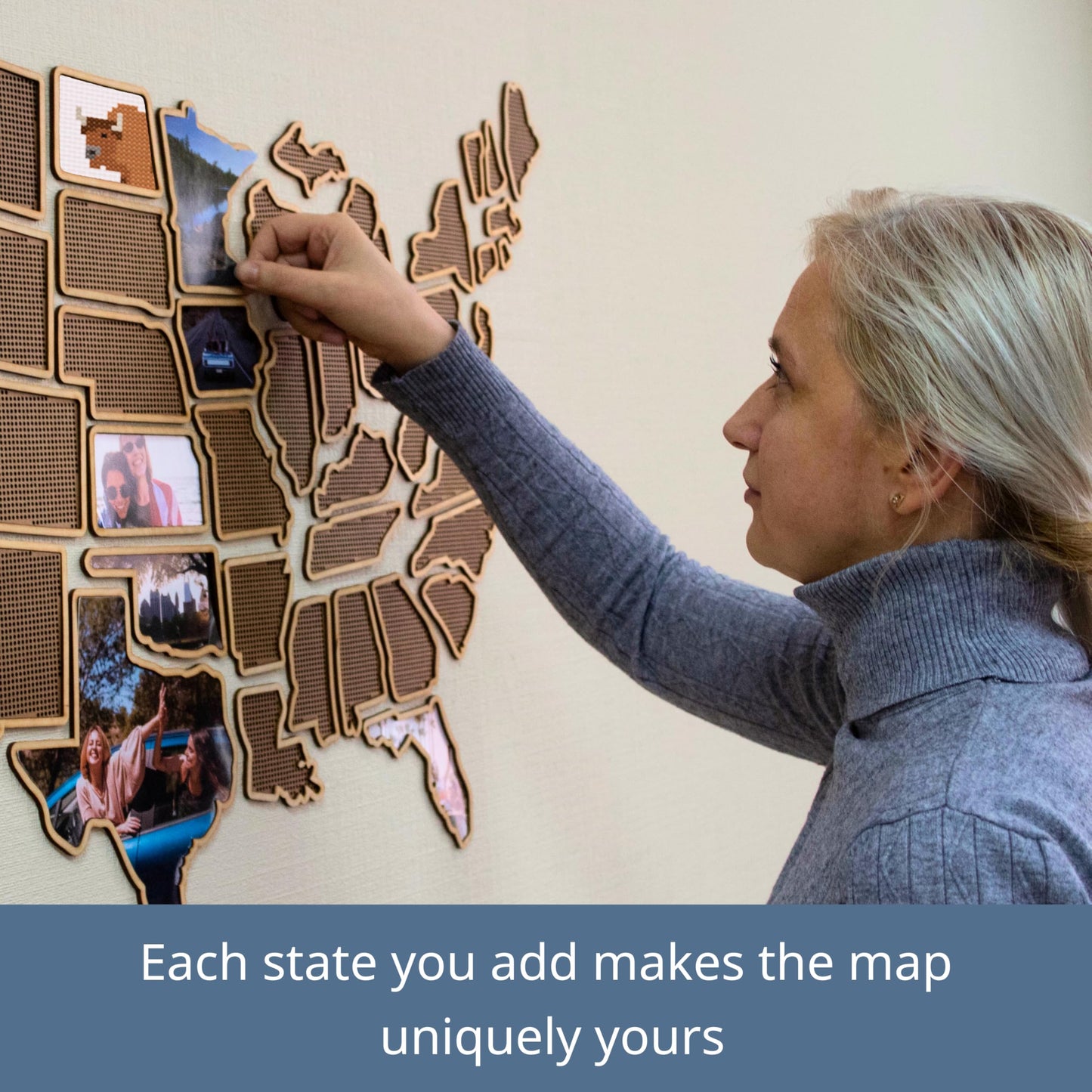 1DEA.me 3D Wooden USA Photo & Cross Stitch Wall Map - 3 in 1 - Includes Secure Photo Maker - 26 x 40 in - Easy to Use, Built to Last and Uniquely Yours