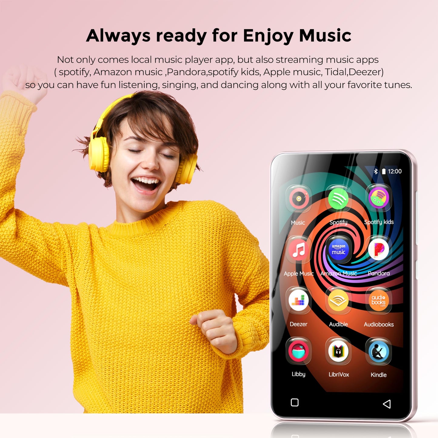 160GB MP3 Player with Bluetooth and WiFi, innioasis Music Player with Spotify,Pandora,Amazon Music,4" Touch Screen Android MP4 MP3 Player for Kids with Libby,Audible,Spotify Kids (White+Pink)