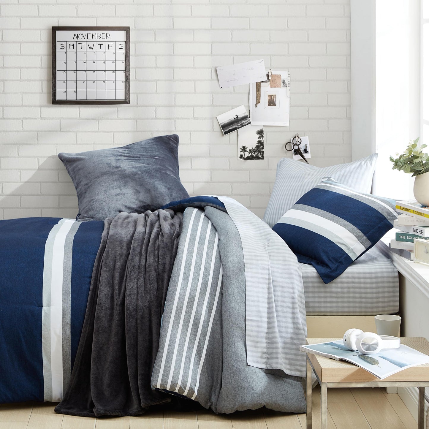Nautica - Twin/Twin XL Comforter Set, Ultra-Soft Brushed Microfiber Bedding with Matching Sham, Reversible Blue Stripe Design, Medium Weight for Year-Round Comfort (Heathered Block Blue)