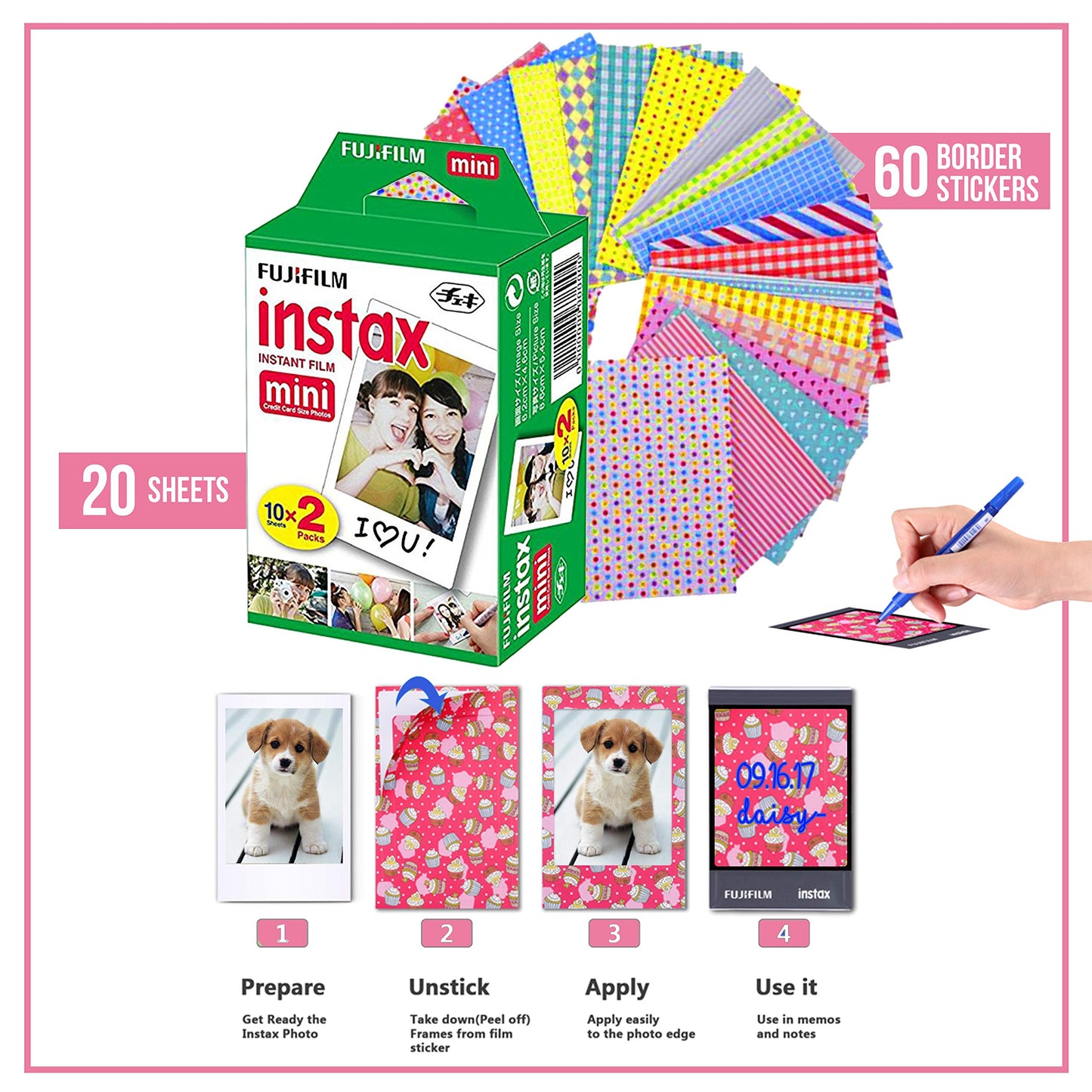 Fujifilm Instax Mini Instant Film (3 Pack, 60 Sheets) 5 Plastic Desk Frames, 60 Sticker Frames, 10 Hanging Creative Frames, 1 Pack Corner Stickers.