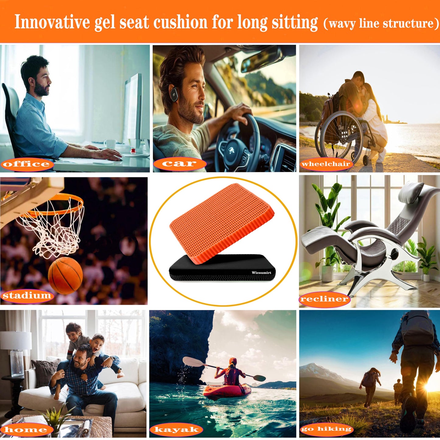Wiesumirt Innovative Gel Seat Cushion for Long Sitting, Large Cooling Supportive Seat Cushion for Back, Sciatica, Tailbone Pain Relief, Used for Office, Wheelchair, Car, Home, Stadium, Kayak.(Orange)