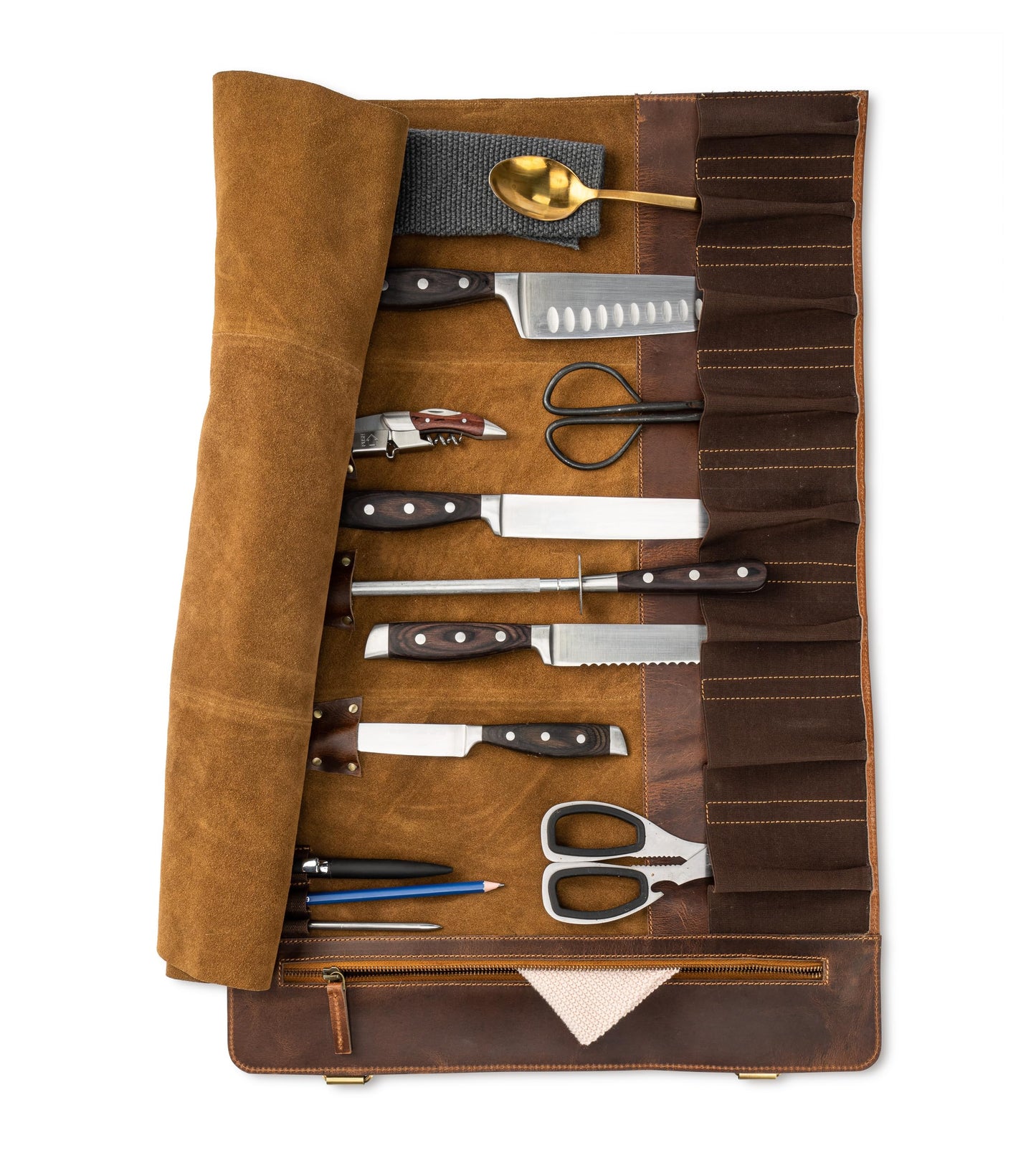 Angus Stoke premium leather knife roll storage bag XXL - 14 pockets, buffalo leather with shoulder strap, chef's knife bag case Rene (Walnut-Brown)