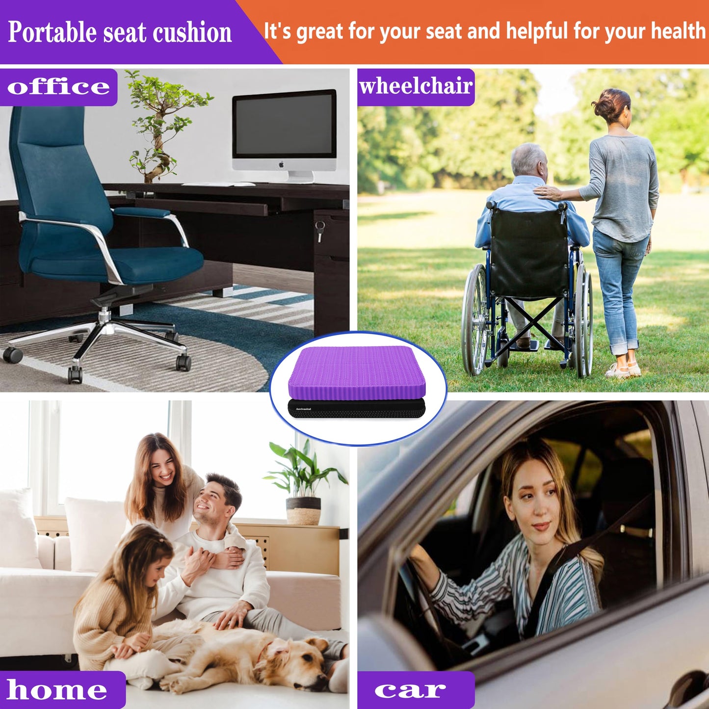 Innovative Gel Seat Cushion for Long Sitting, Large Cooling Supportive Seat Cushion for Back, Sciatica, Tailbone Pain Relief, Used for The Office, Wheelchair, Recliner, Car, Stadium, Kayak.(PĂșrpura)