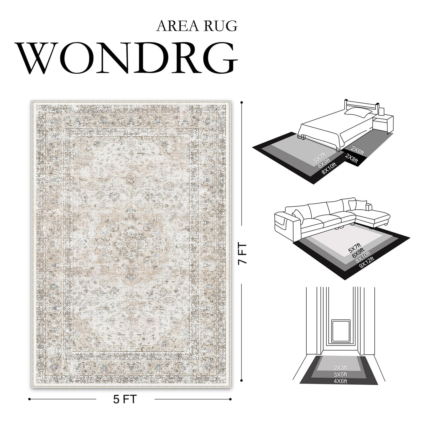 WondRg 6x9 Washable Vintage Area Rug for Living Room Bedroom Beige Grey Soft Tranditional Non Slip Large Throw Rug Lightweight Floral Low Pile Distressed Carpet Office Playroom Dinning Laundry Room