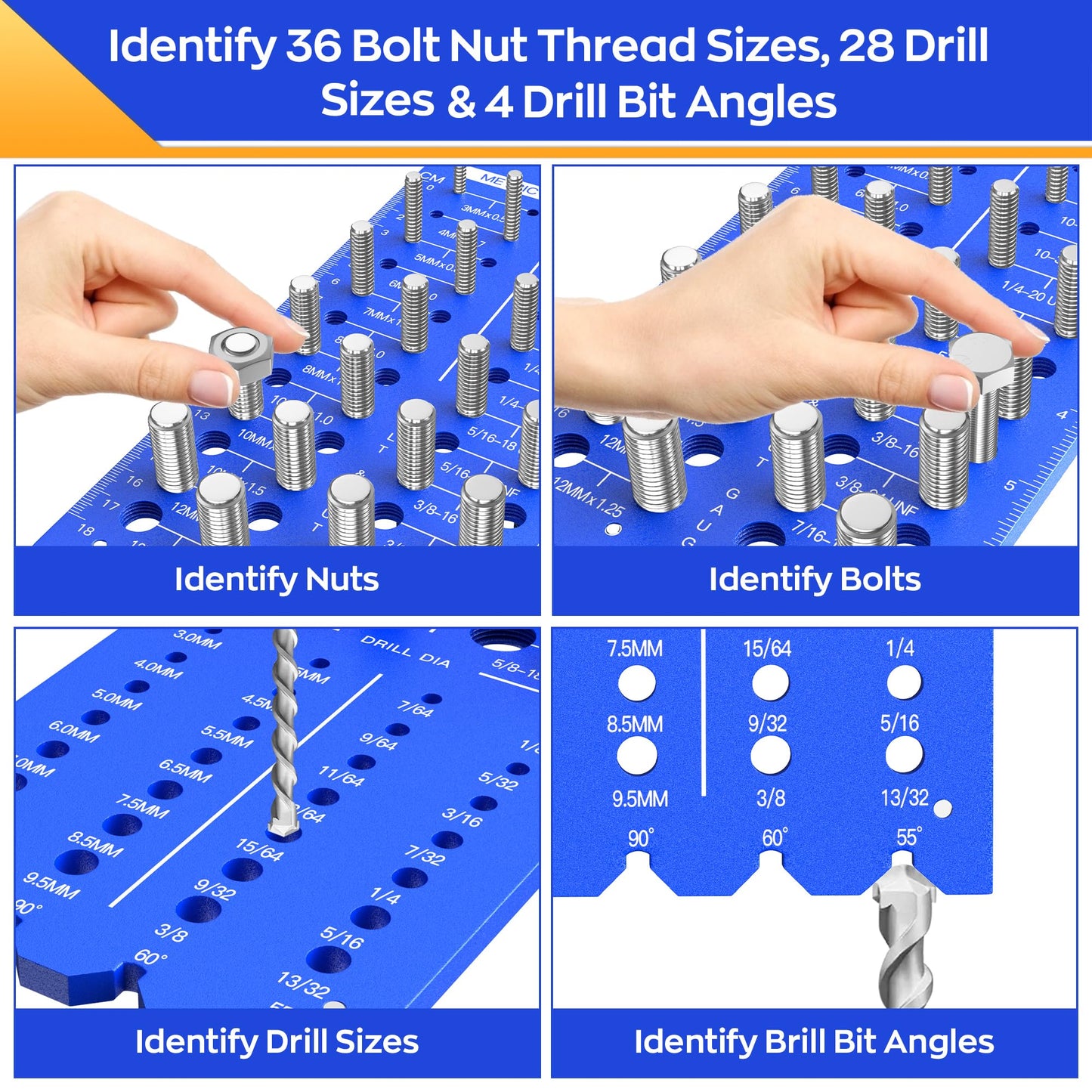 Thread Checker, Nut and Bolt Thread Checker 18 Standard & 18 Metric & 28 Drill Bit Sizes, 2-in-1 Foldable Bolt Size Finder, Screw Identifier Gauge with Protractor & Ruler