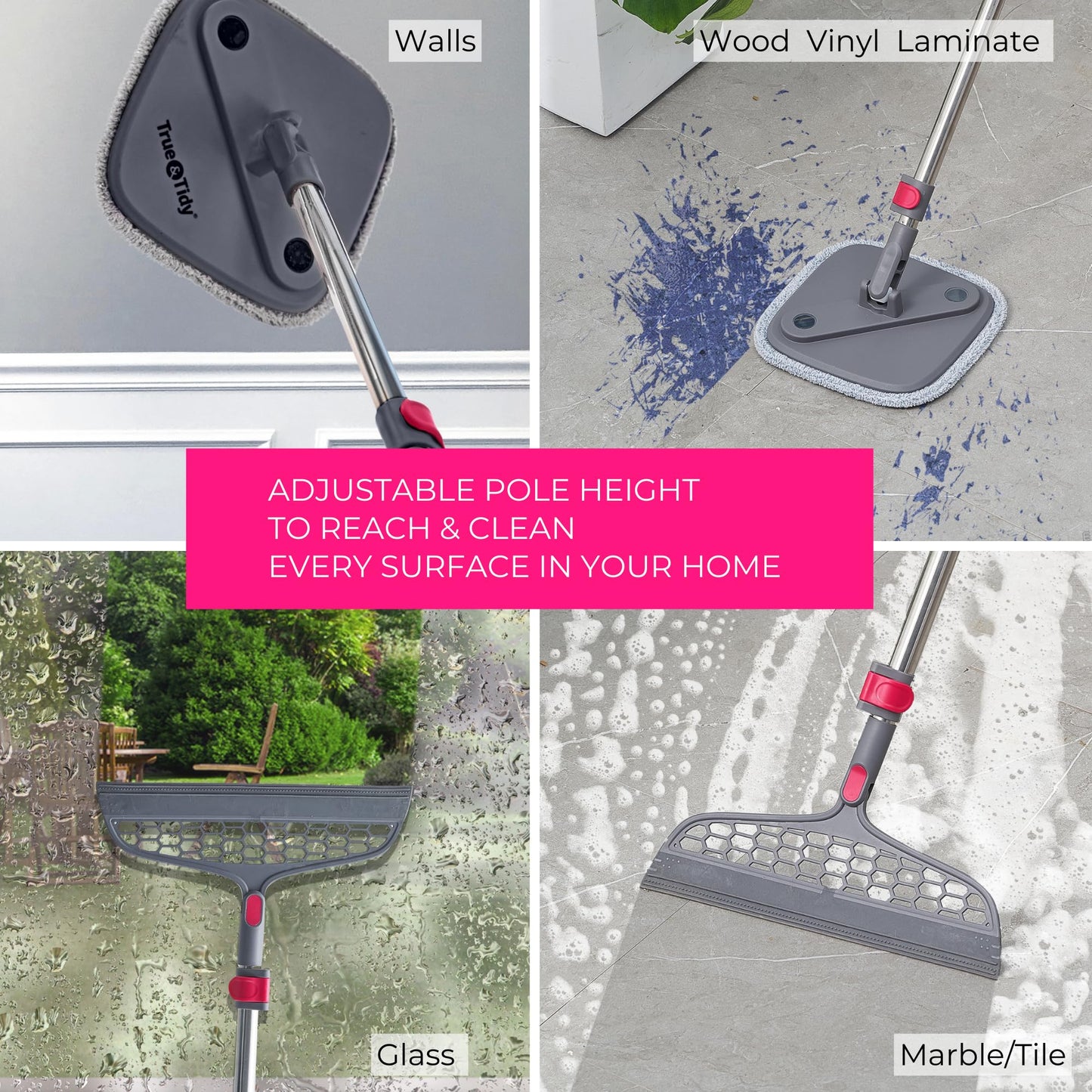 True & Tidy True Clean Spin Mop & Bucket System – Dual Compartment Design for Clean & Dirty Water, 360° Swivel Mop Head, Built-in Scrubbing Brush, Stainless Steel Handle & 2 Reusable Microfiber Pads