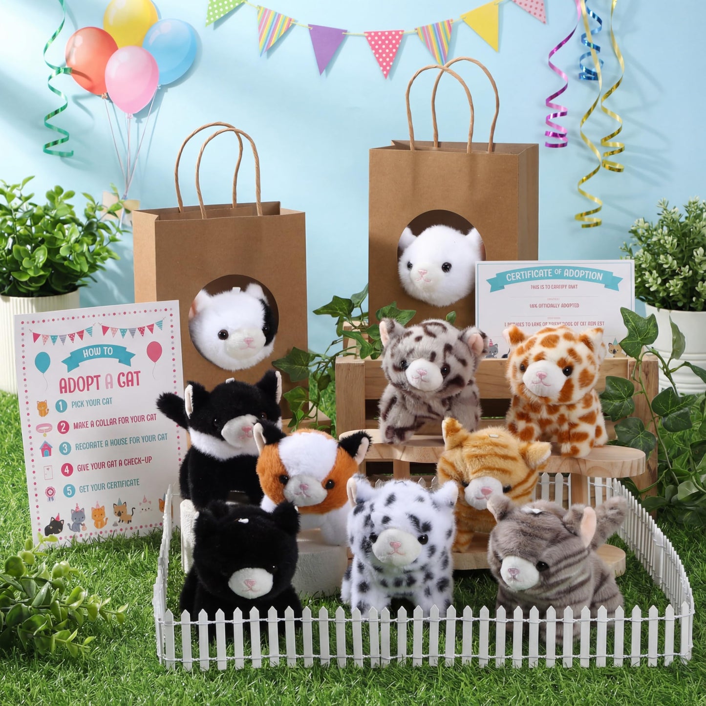 Jenaai 33 Pcs Adopt a Pet Cat Party Favors Mini Kitten Stuffed Animals Set Includes 10 Small Cat Stuffed Animals 2 Plastic Fence 1 Sign 10 Cards 10 Kraft Bag for Adopt a Pet Party Birthday Gifts