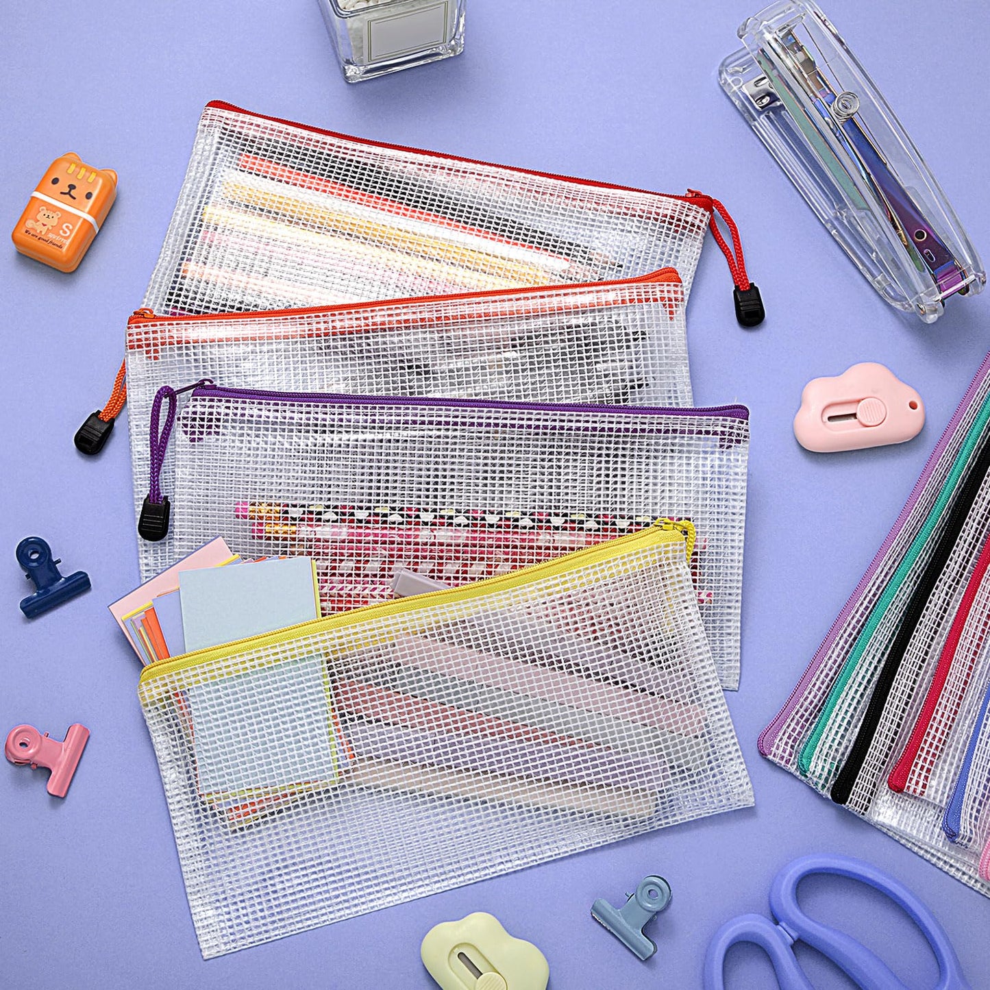 Bokon 200 Pcs 9.45 x 4.5'' Mesh Zipper Pouch Bulk 10 Colors Pencil Pouch Bulk Waterproof Clear File Bags Plastic Pencil Bags for School Travel Cosmetics Office Organizer