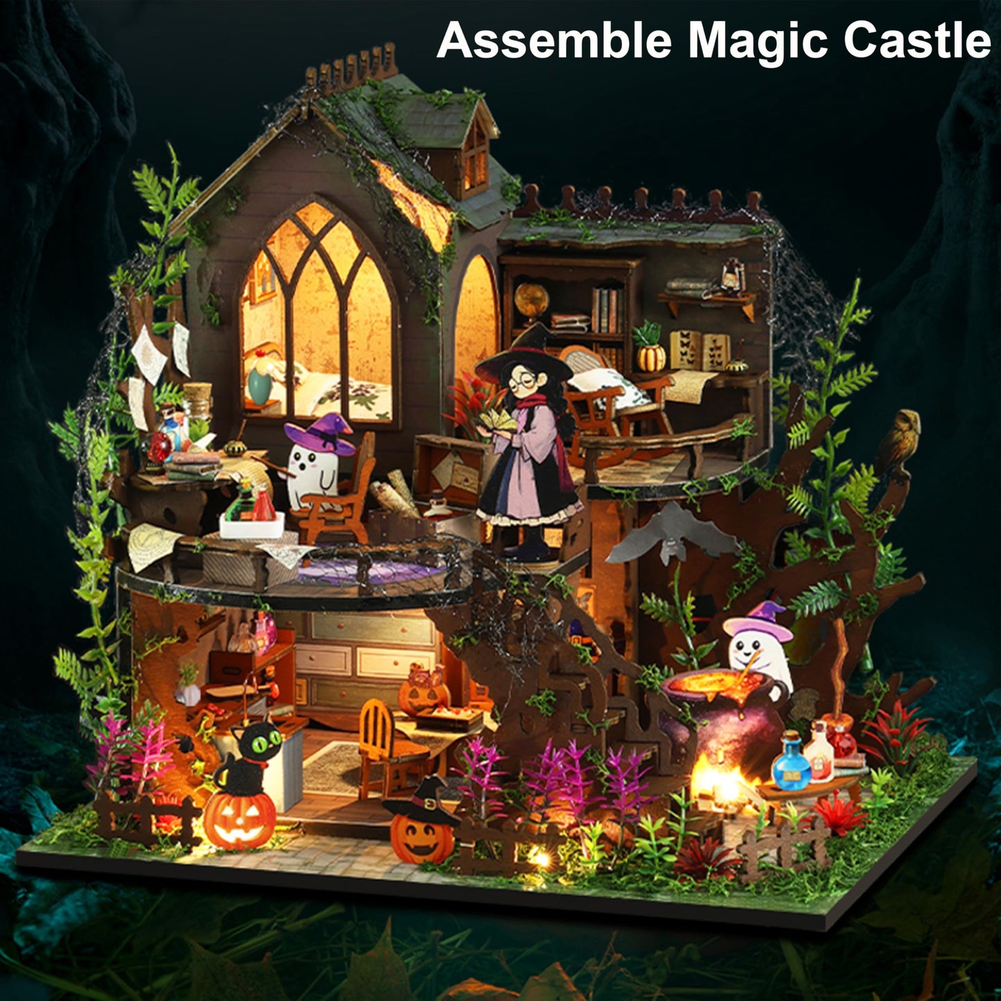 ISSEVE DIY Miniature House Kit, Mini Model House Building Kits for Adults, Tiny House Dollhouse Kit, Halloween Christmas Home Decoration, Gifts for Family and Friends (Magic Castle)