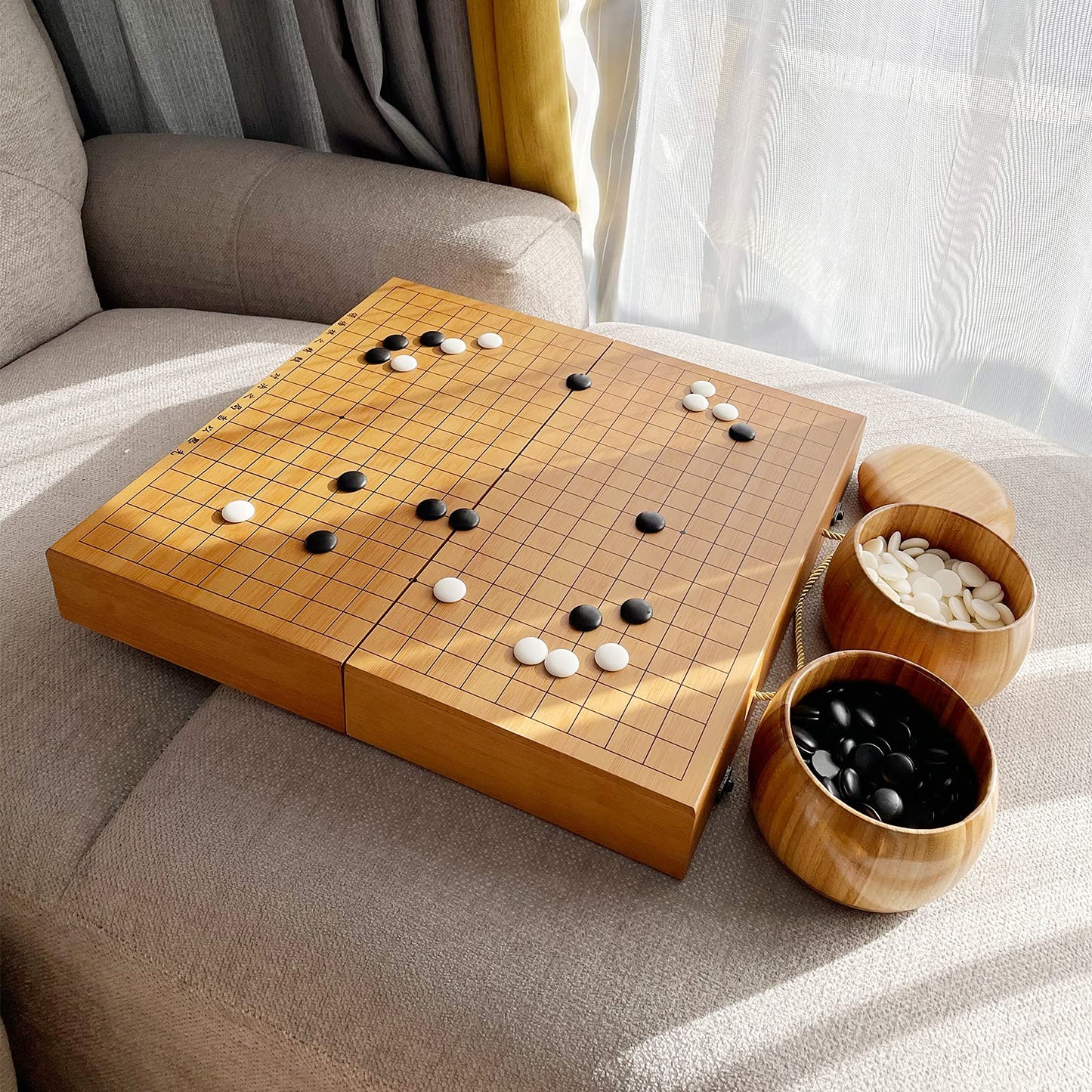 19x19 / Go Game SetHigh Grade Gift Box Board with Single Convex Melamine Stones and Bamboo Bowls Set