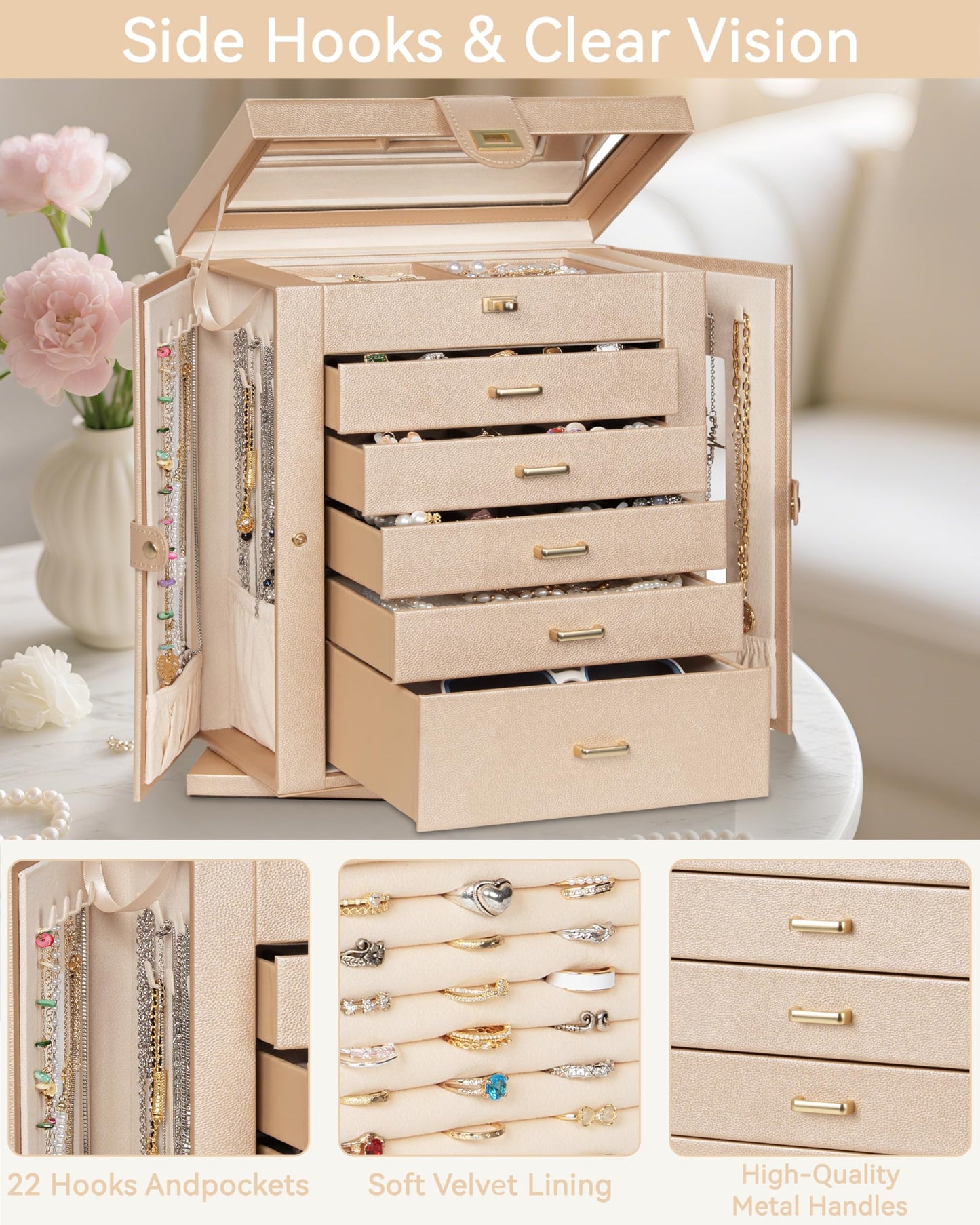 AKOZLIN Jewelry Box 360° Rotating 6-Tier Functional Jewelry Storage Case Organizer for Women Girls Ring Necklace Earring Bracelet Holder with Mirror