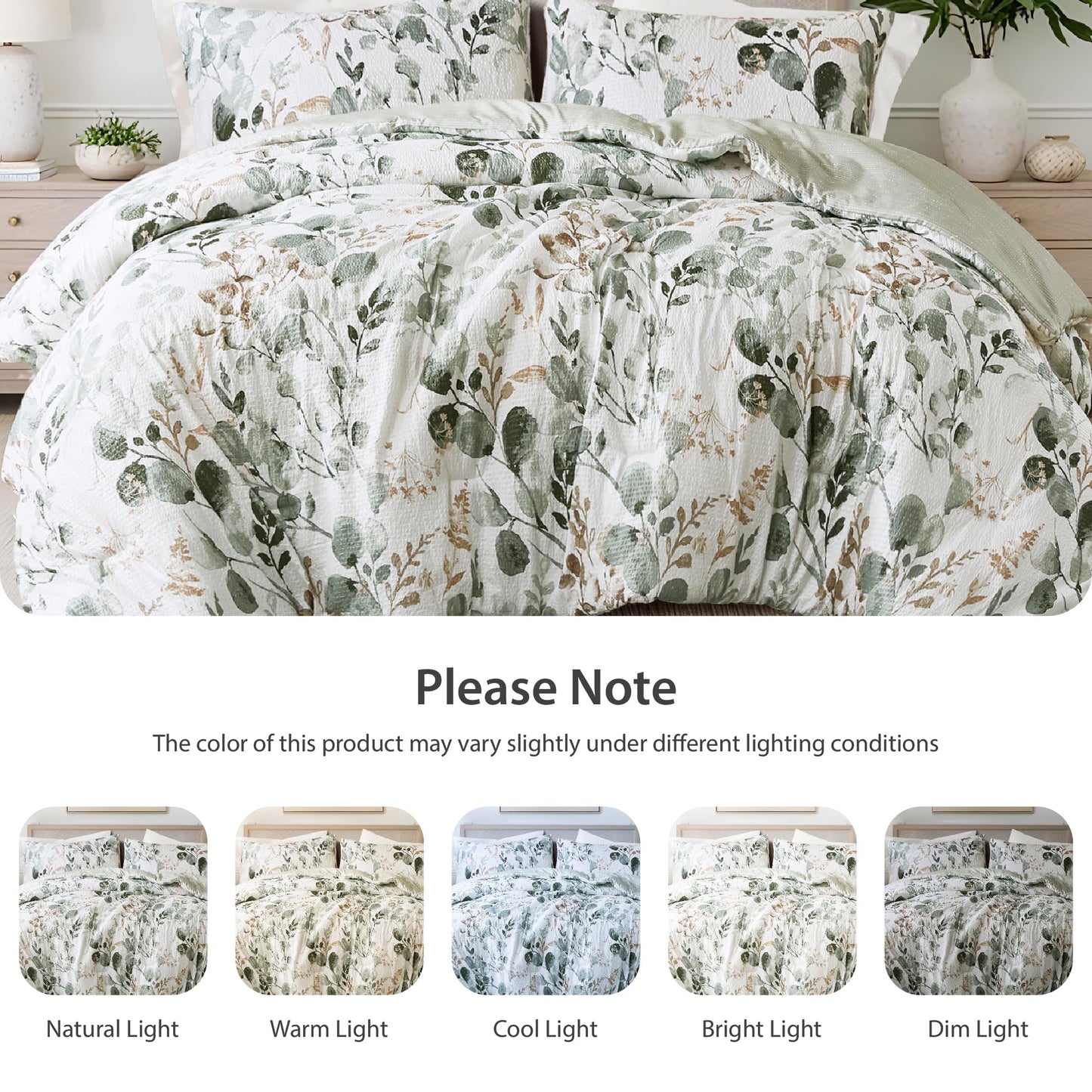 Regency Heights Lightweight Seersucker Botanical Comforter Set Queen Size, 3 Pieces Reversible Design with Striped Print, Premium Microfiber Bedding Set, Comforter and Sham Set, Green