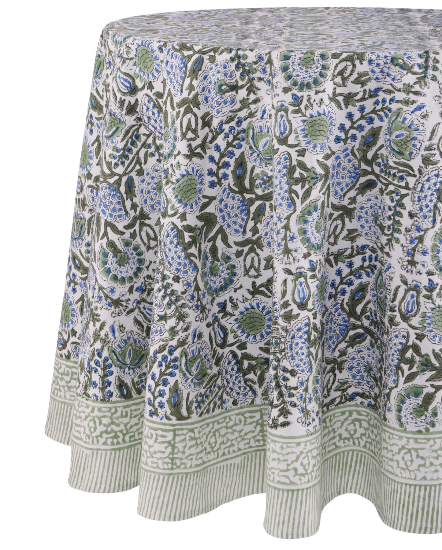 ATOSII Clover Blue 100% Cotton Round Boho Fall Tablecloth, Handblock Floral Table Cloth Linen for Kitchen Dining I Parties Wedding Outdoors Christmas Thanksgiving I 90" Inches Round I 6 Seater