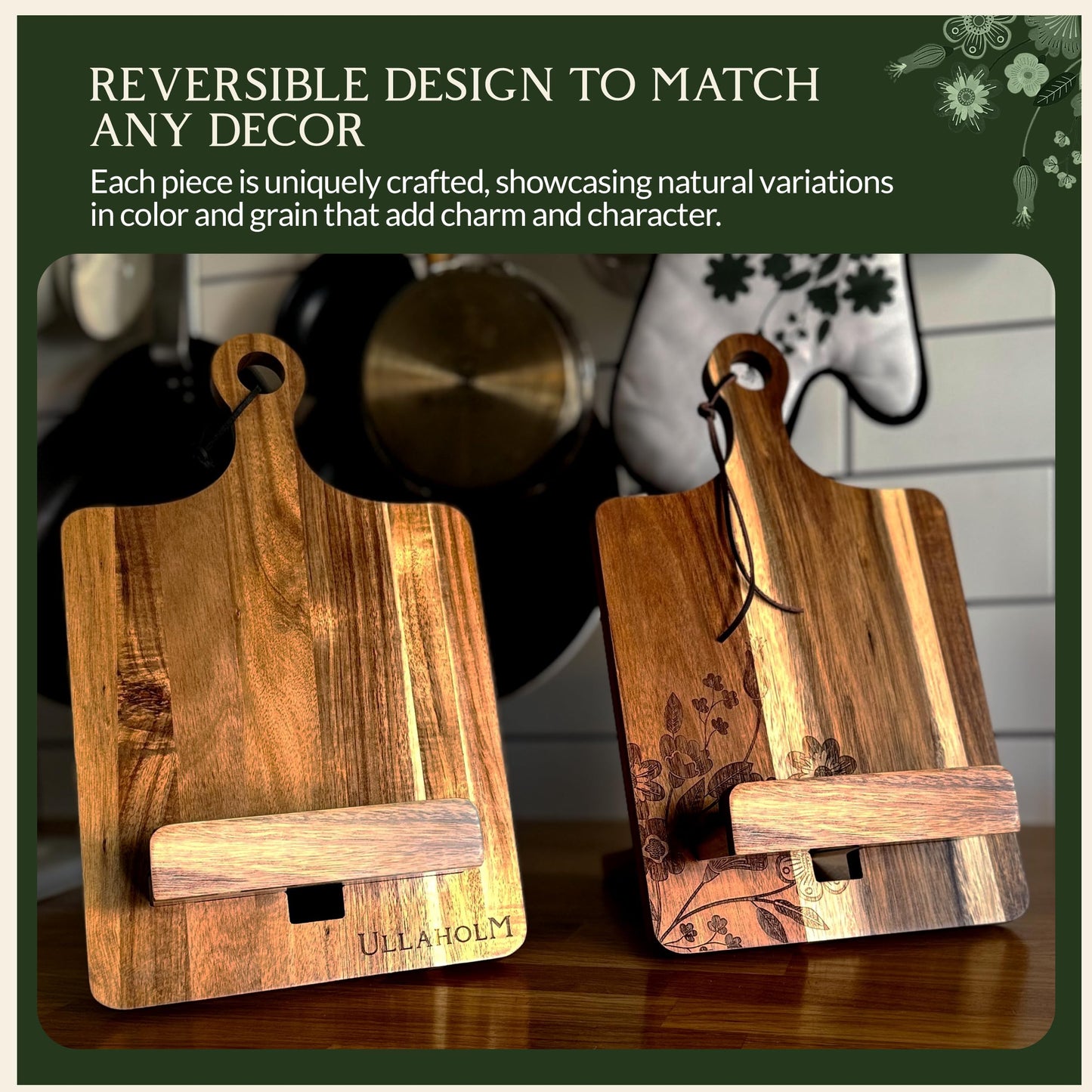 Wood Cookbook Stand for Kitchen Counter - Reversible Wooden Recipe Book Holder Stand with Cooking Measurement Conversion Card - Gift-Ready Adjustable Tablet Cook Book Holder with Charging Cable Slot