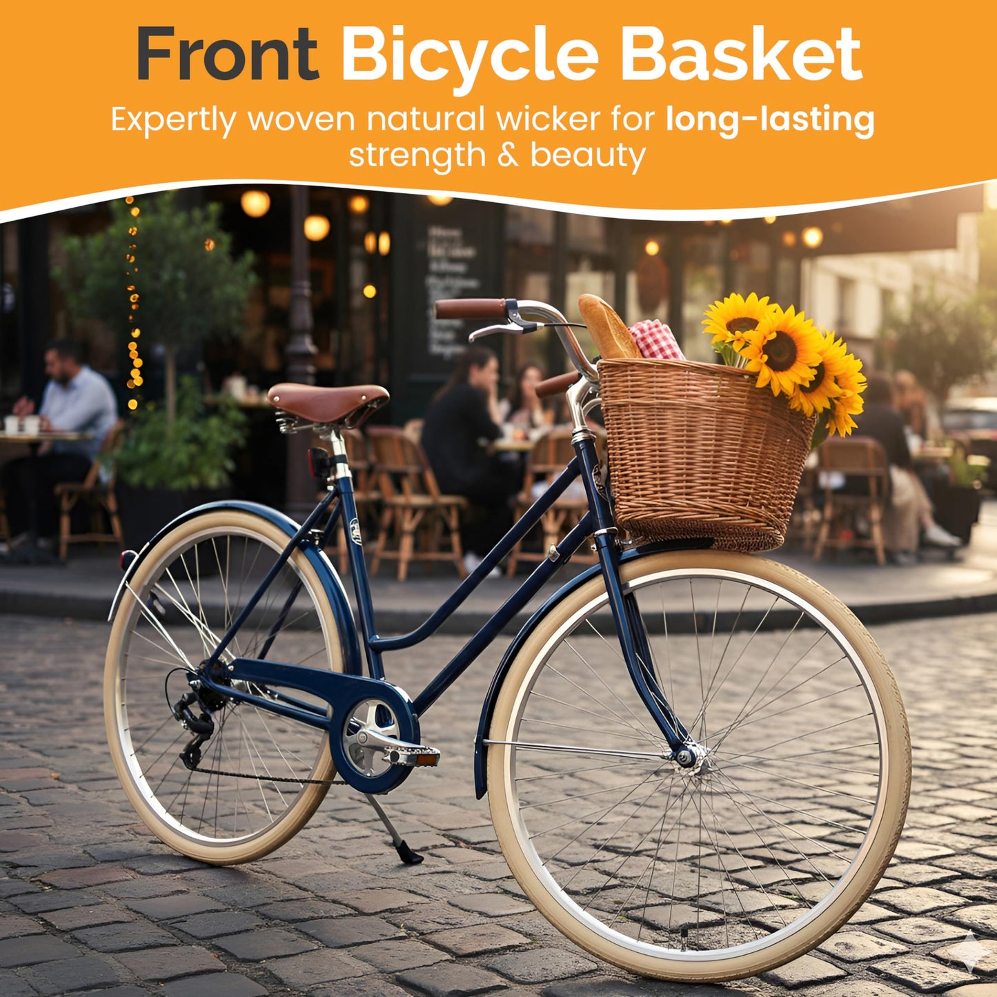 Wicker Front Bike Basket Cargo for Men and Women – Fits Most Bicycles, Beach Cruisers and Ebikes, Lightweight Bicycle Storage Basket with Adjustable Straps, Light Brown