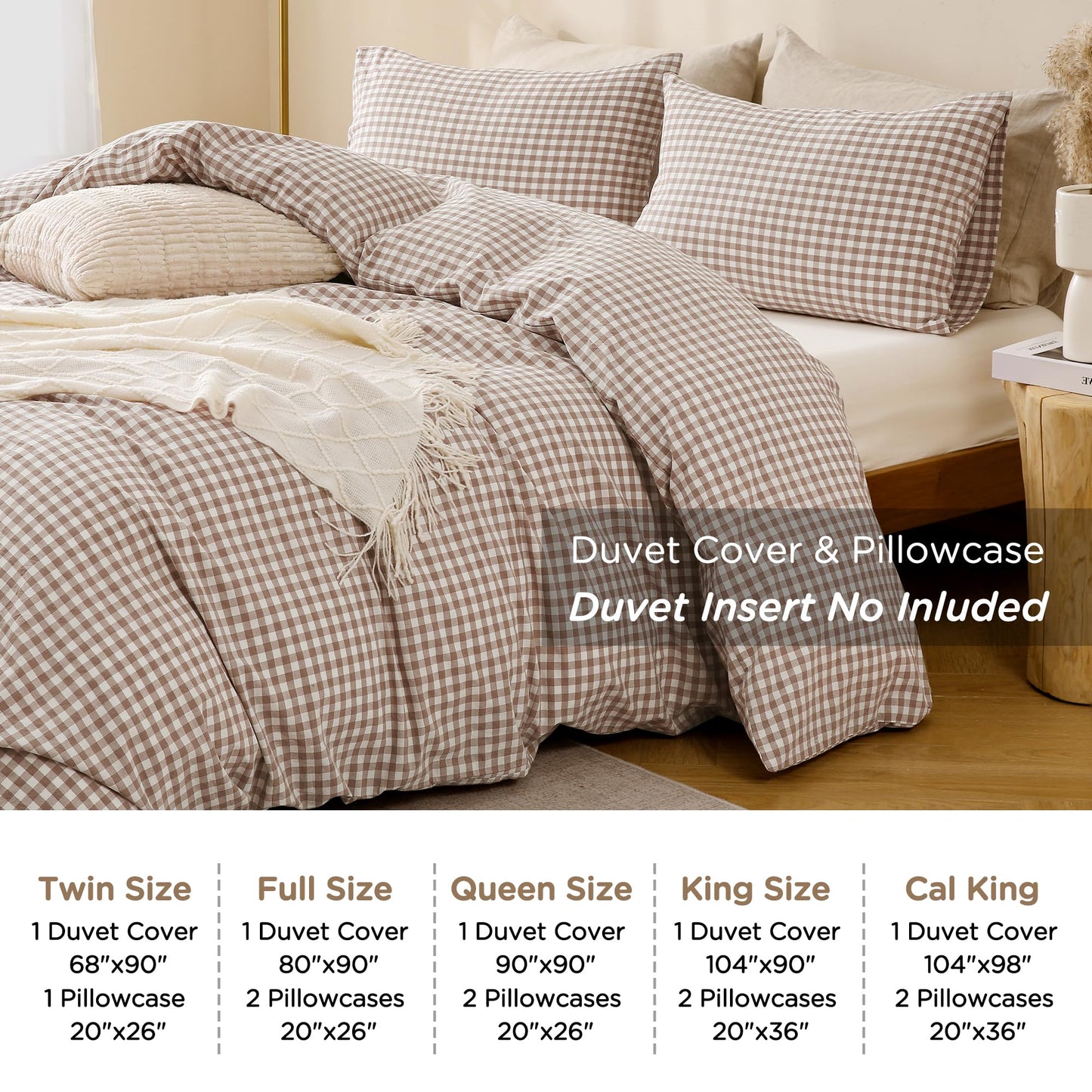 TOCOMOA Tan Gingham Duvet Cover Bedding Set 100% Washed Cotton Like Linen Feel Super Soft Comfy 3 Piece Brown Vintage Plaid Checkered Fall Comforter Cover Set (King 104"x90", Comforter Not Included)