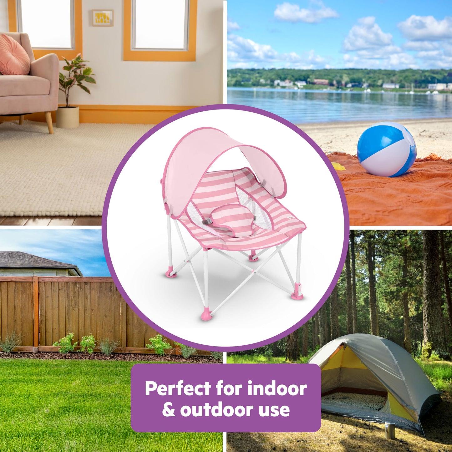 Bright Starts Pop ’N Chill Baby Chair Travel Seat, Indoor/Outdoor Use, Portable Infant Seat with Removable UPF 50+ Canopy, Pink, 0-6 Months