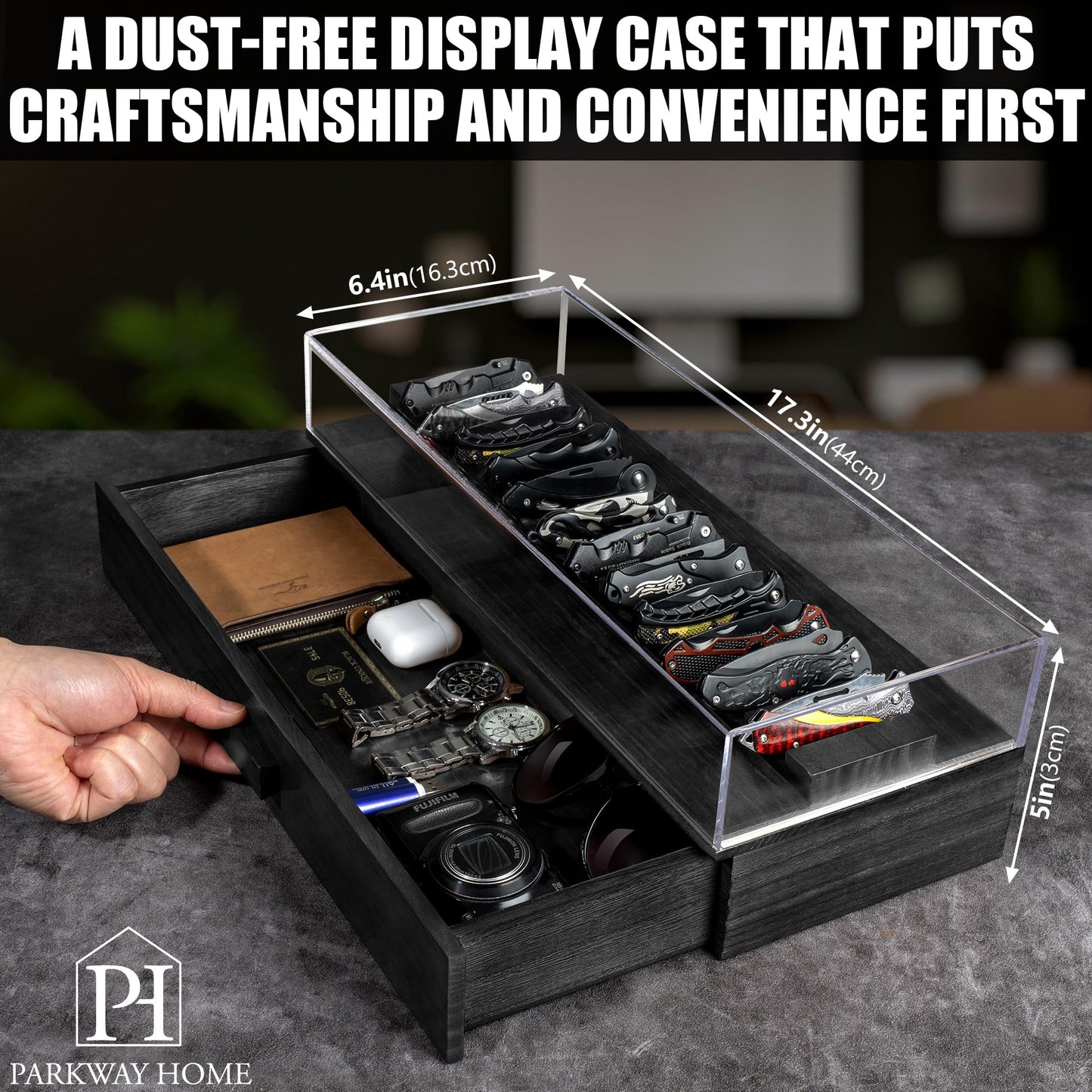 Large Black Pocket Knife Display Case – Wooden Pocket Knife Case Box for 24 Knives with Sturdy Clear Cover – Large Knife Storage Organizer and Knife Cases for Collections with EDC Drawer, Knife Box