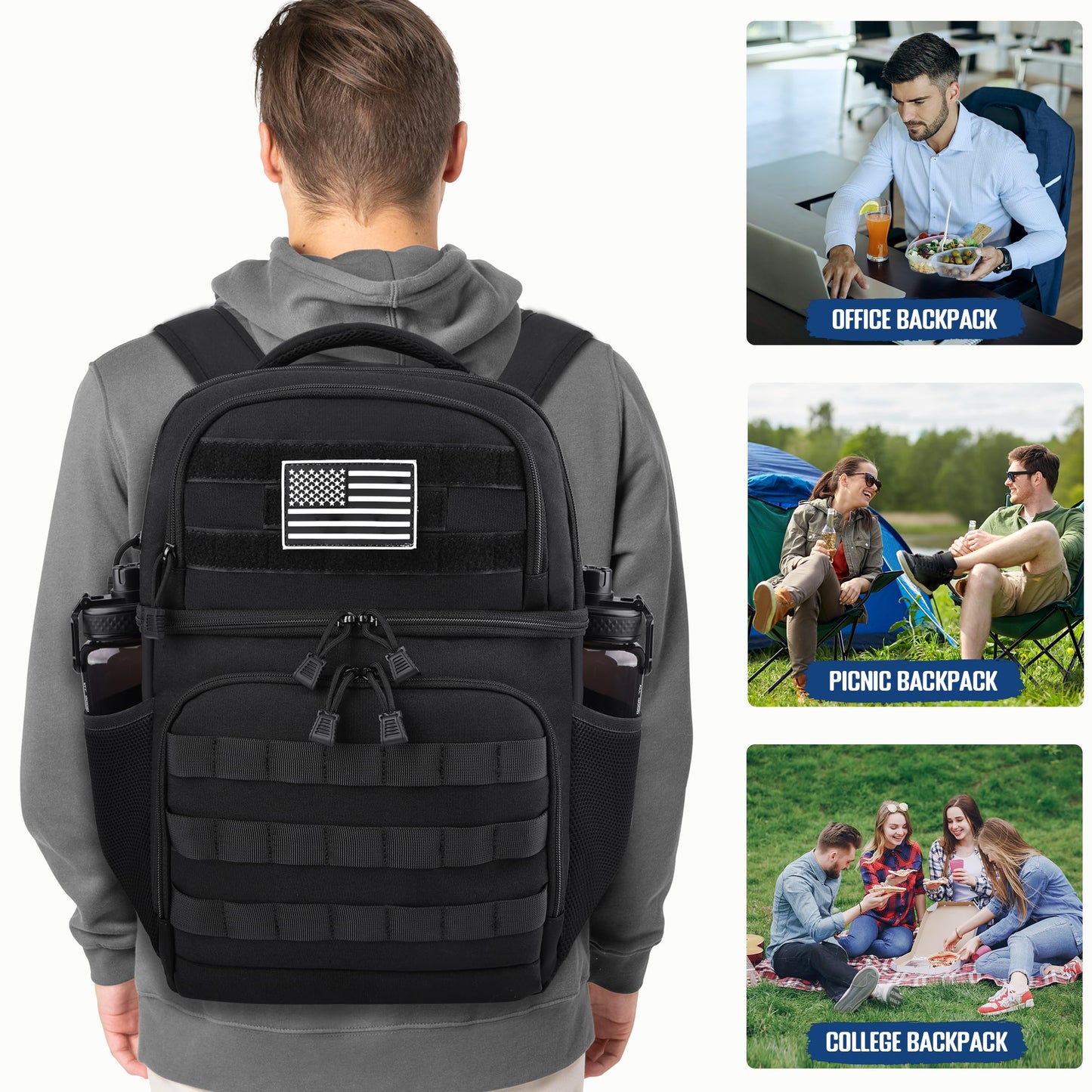 MOZETO Lunch Backpack for Men, Tactical Inspired Double Deck Cooler Backpack Insulated Leakproof RFID Lunchbox for Work