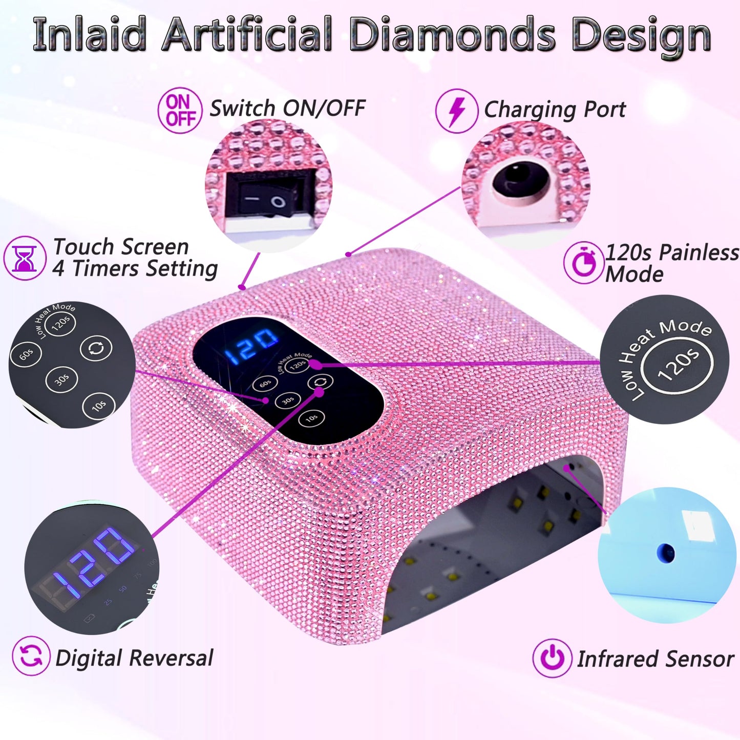 72W UV LED Nail Lamp,Rechargeable Cordless Nail Dryer,Portable UV Led Nail Light with Full Diamond on Surface,Professional Curing Gel Polish Acrylic Nails Tools for Home & Salon