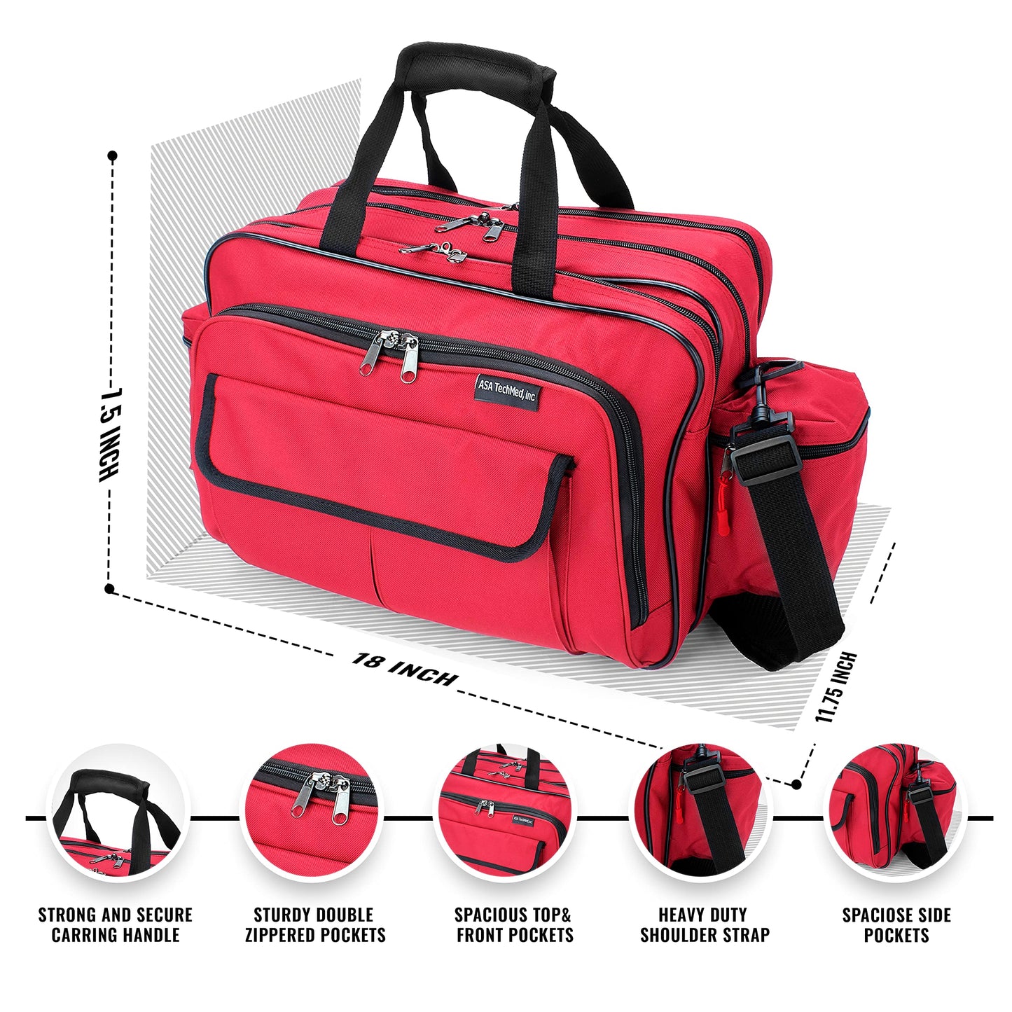 ASA TECHMED Durable Nurse Travel Bag with Nursing Supplies for Nurses, Multi-Pocketed Heavy-Duty Nylon, Adjustable Shoulder Strap (Red)