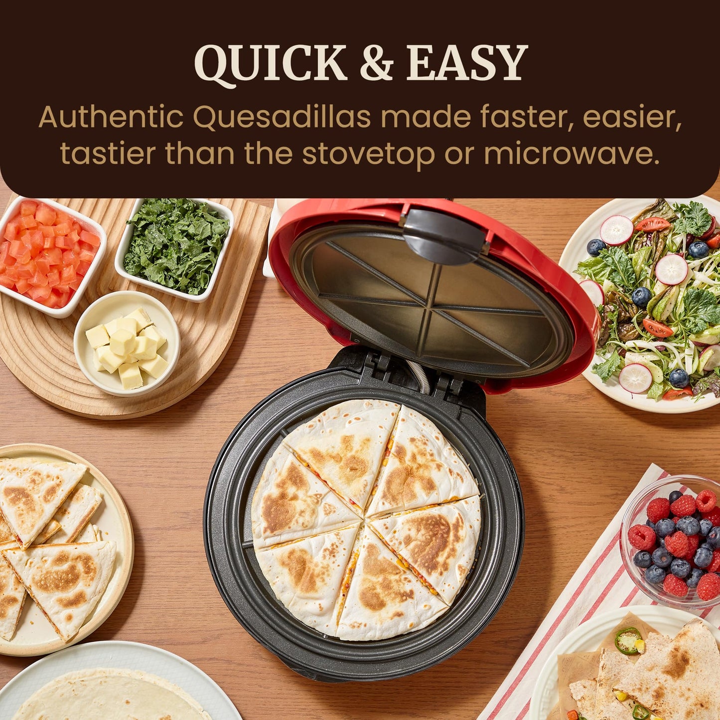 Elite Gourmet 10.65" Cheesy Quesadilla Maker, 2-Position Locking Latch For Extra Stuffing, Easy-Slice 6-Wedge, Red