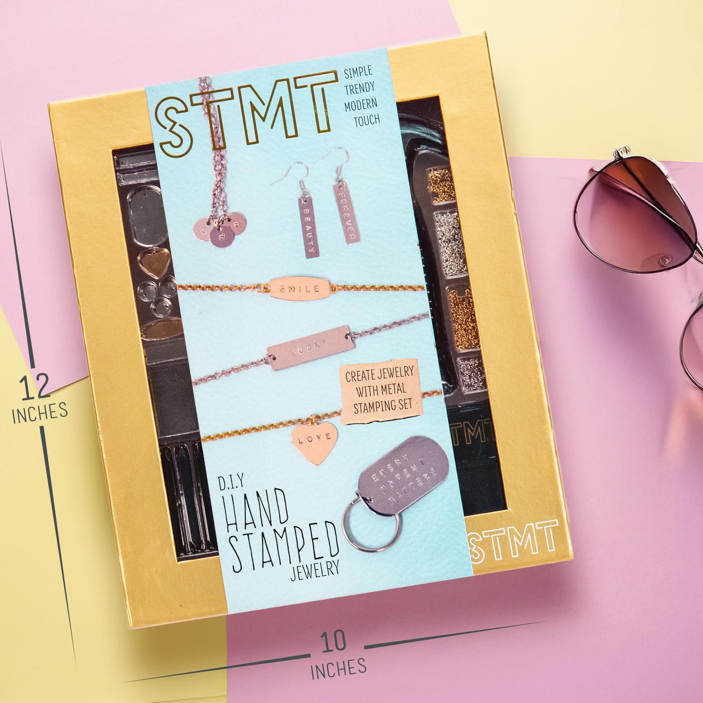 STMT DIY Hand Stamped Jewelry by Horizon Group USA, Create Personalized Vsco Girl Earrings, Bracelets & Necklaces with A Metal Letter Stamp Set, Hammer, Stamping Block, Charms & Earrings Included