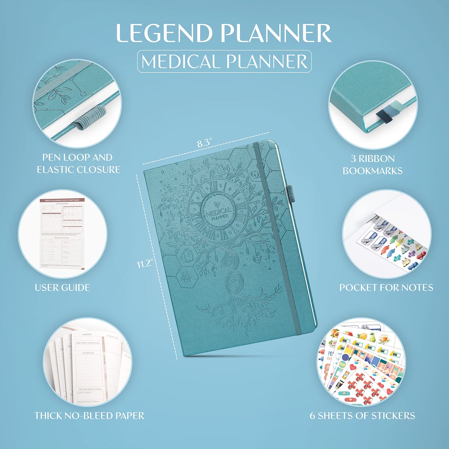 Legend Medical Planner – 12-Month Health Tracker Journal to Track Meals, Symptoms, Blood Pressure, Lab Test Results – Med & Wellness Notebook for Daily Self-Care & Health Goals (Aquamarine)