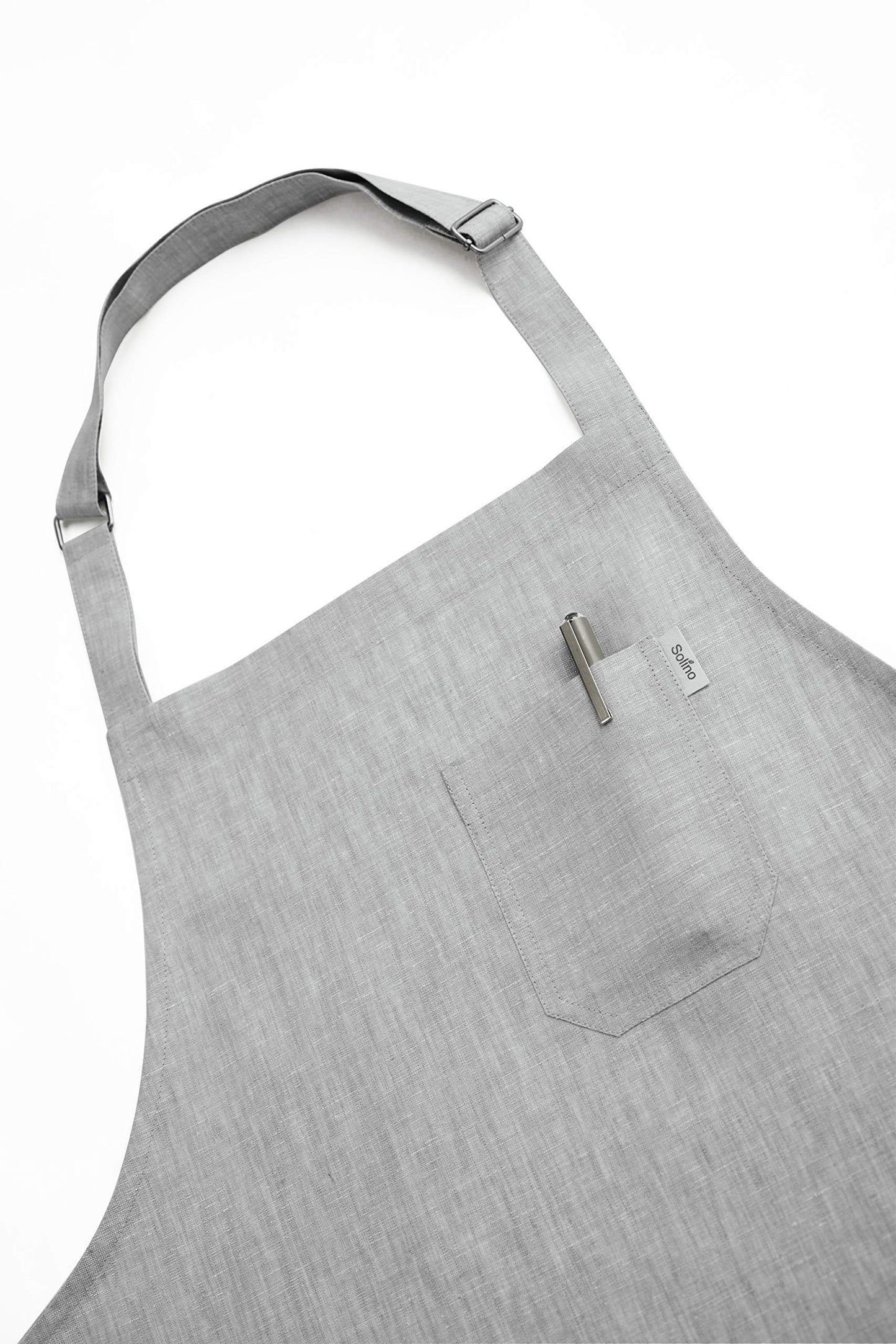 Solino Home Linen Bib Apron for Men & Women - 100% Pure Linen Light Grey Kitchen Apron with Front Pockets - Handcrafted from European Flax