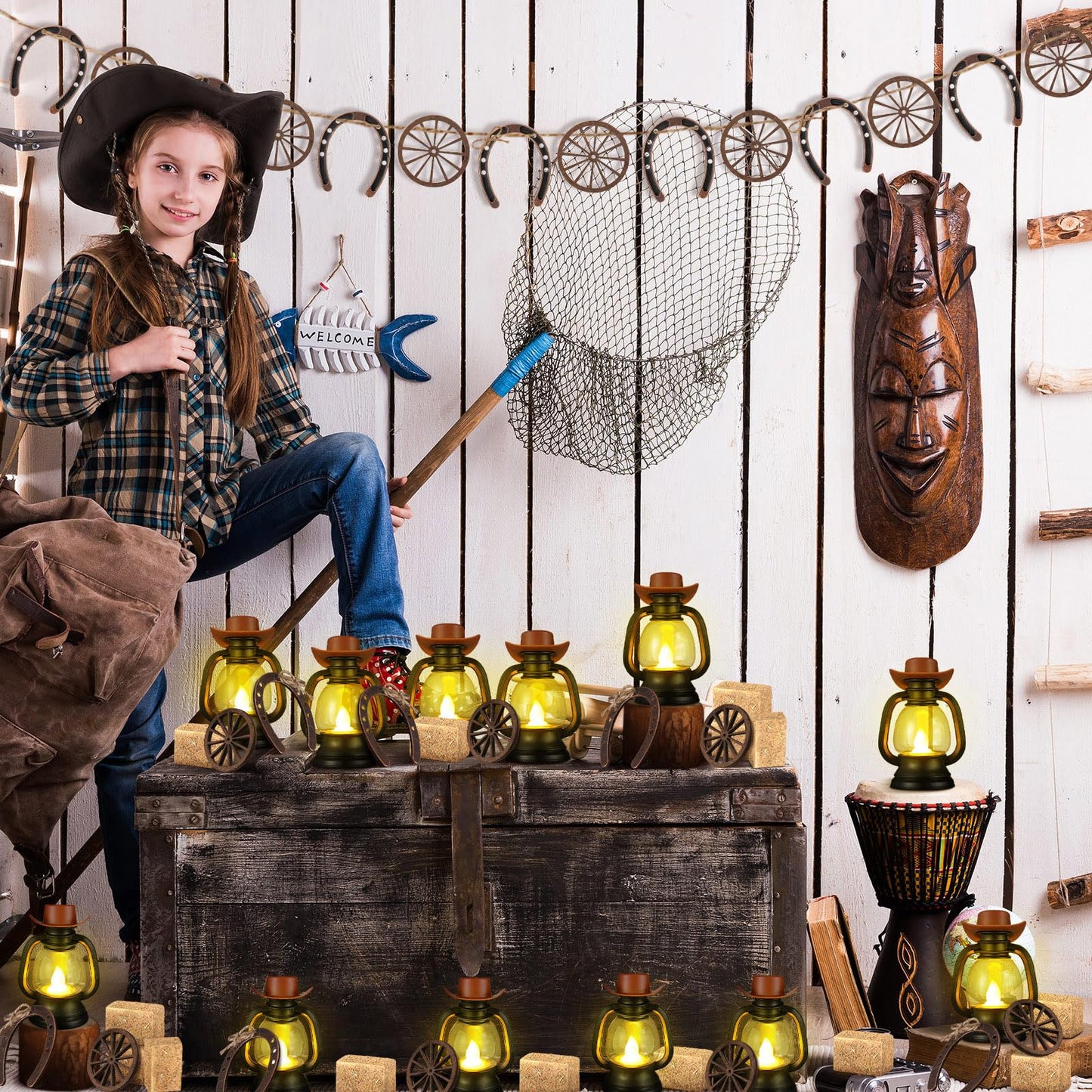 Ferraycle 60 Pcs Cowboy Theme Party Decoration Western Party Decor Rodeo Table Centerpieces Rustic Country Mini Cowboy Hat Lantern Horseshoe Wagon Wheel Hay Bales for Adult Cowgirl (Brown)