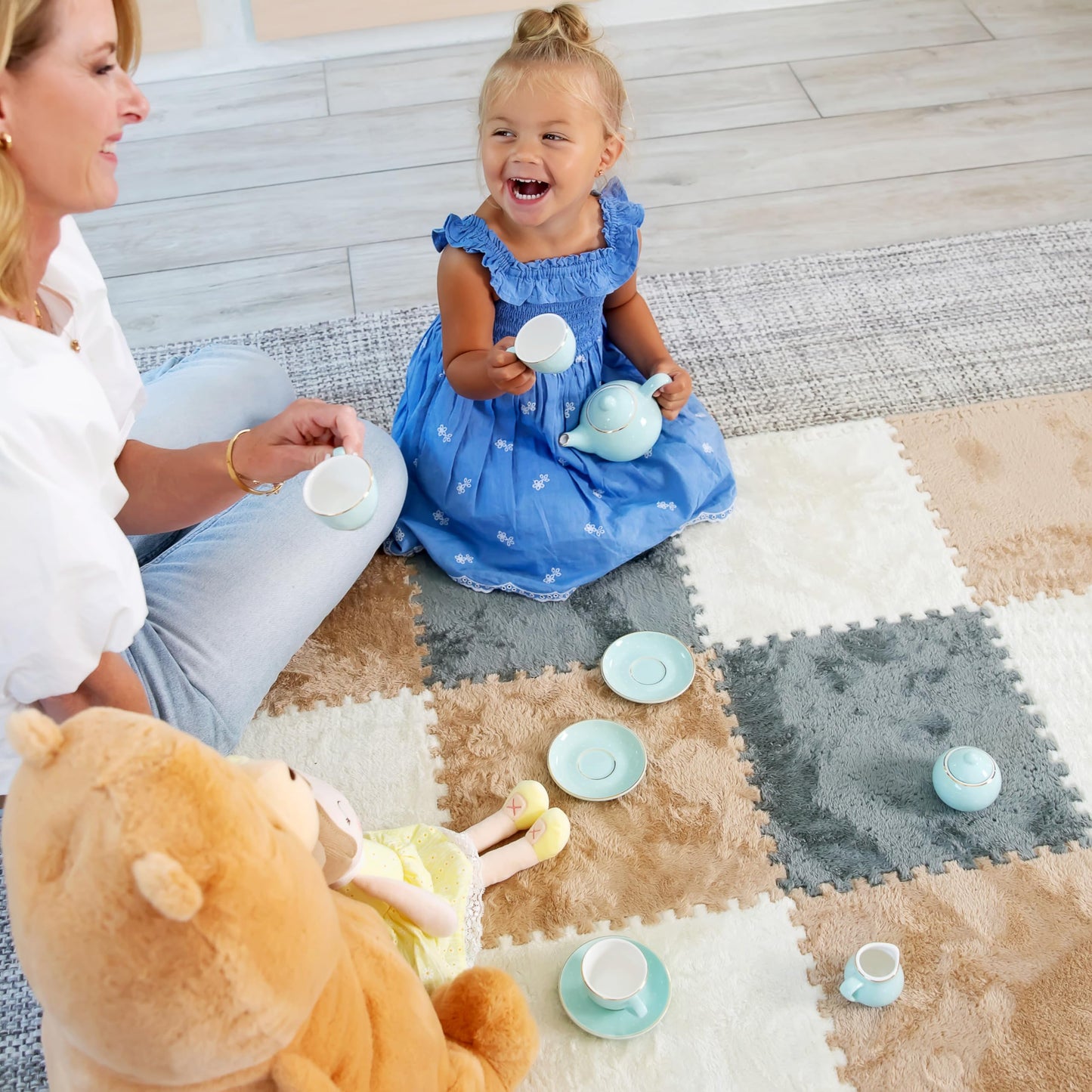 16 Piece Carpet Squares Puzzle Mat 49" x 49" Plush Interlocking Carpet Tiles, Foam Floor Tiles for Baby Play Mat - Kids Soft Play Mats Anti Slip Jigsaw Flooring Playmat Playroom Rug (Brown,Gray,White)