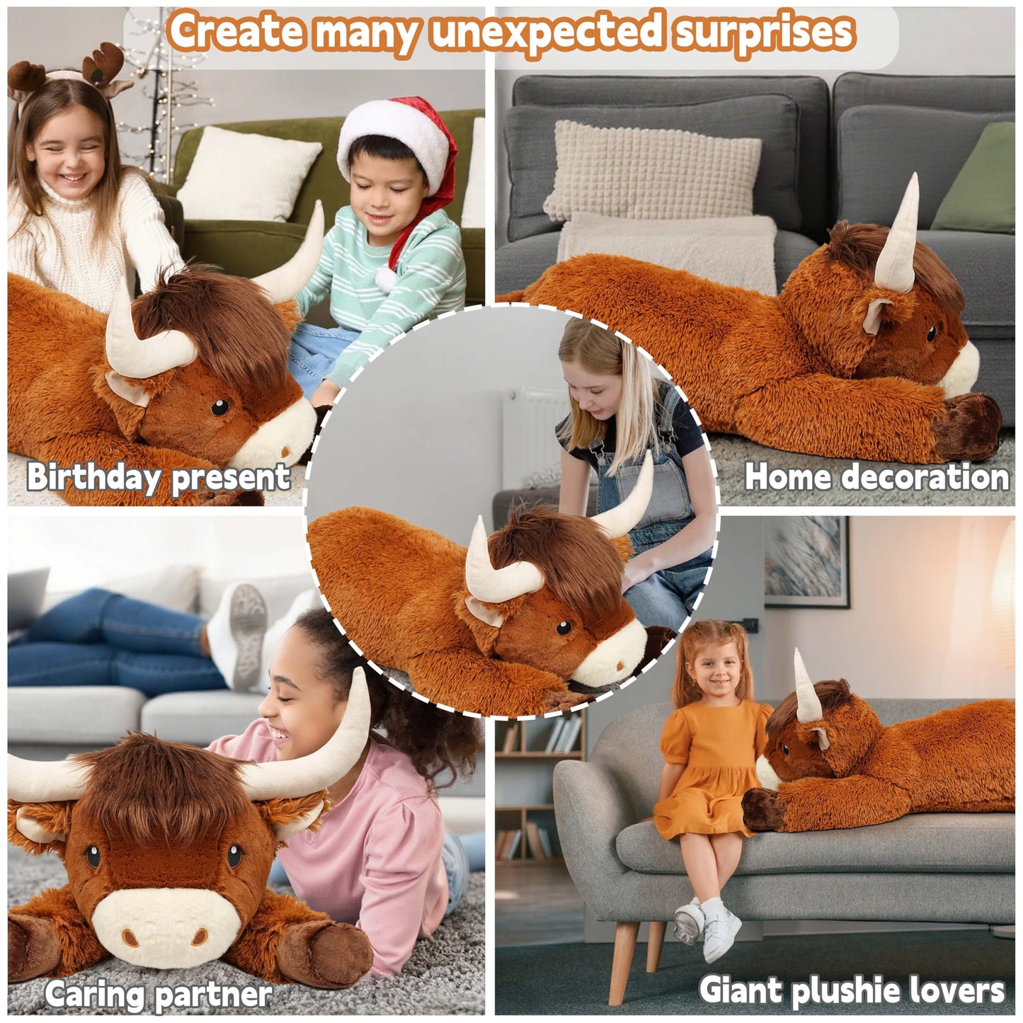 39 Inch Giant Highland Cow Stuffed Animal, Big Cattle Plushie Toy for Kids & Adults, Fluffy Large Size Stuffed Cow Hugging Pillow Gifts for Birthday Christmas