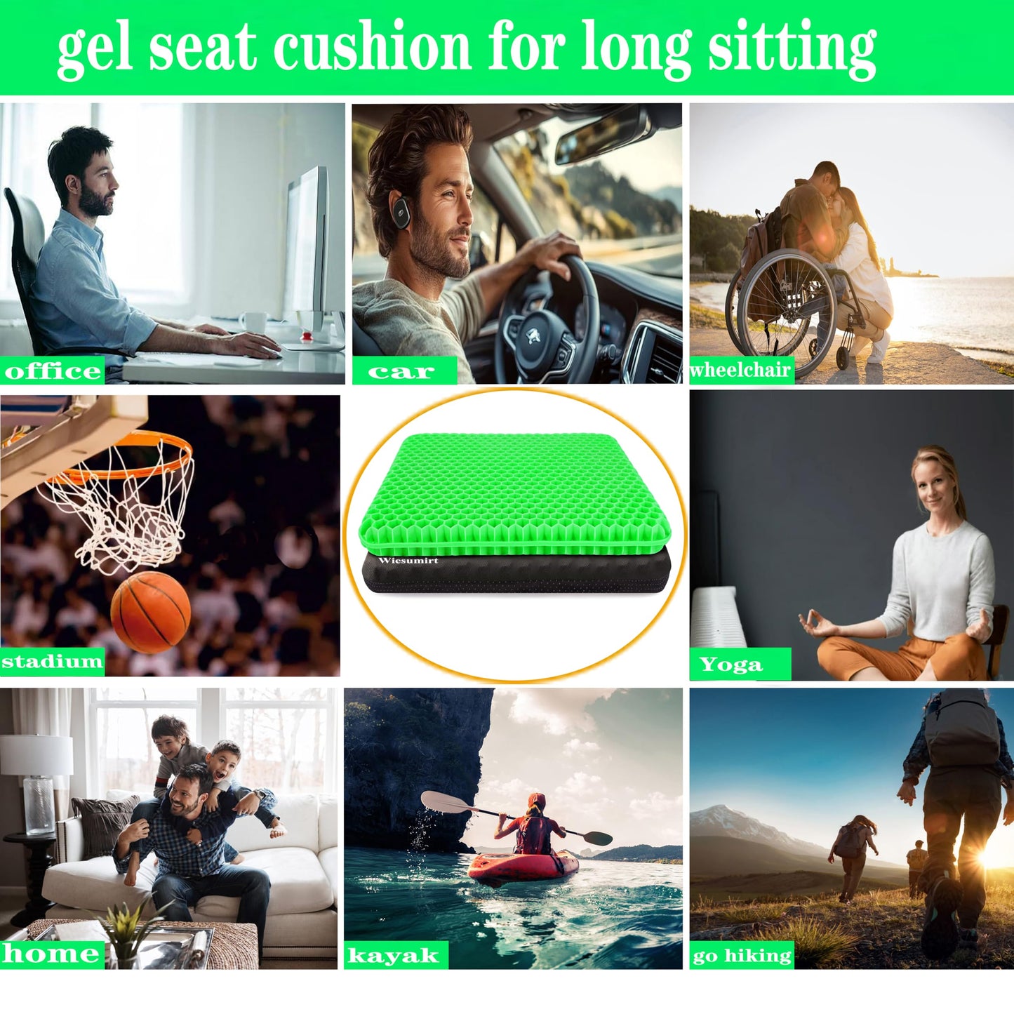 Plus Size Gel Seat Cushion for Long Sitting, Extra Large and Thick, Seat Cushion for Back, Hip, Sciatica, Tailbone Pain Relief, Used for Office, Wheelchair, Car, Recliner, Stadium, Kayka.(Grass Green)