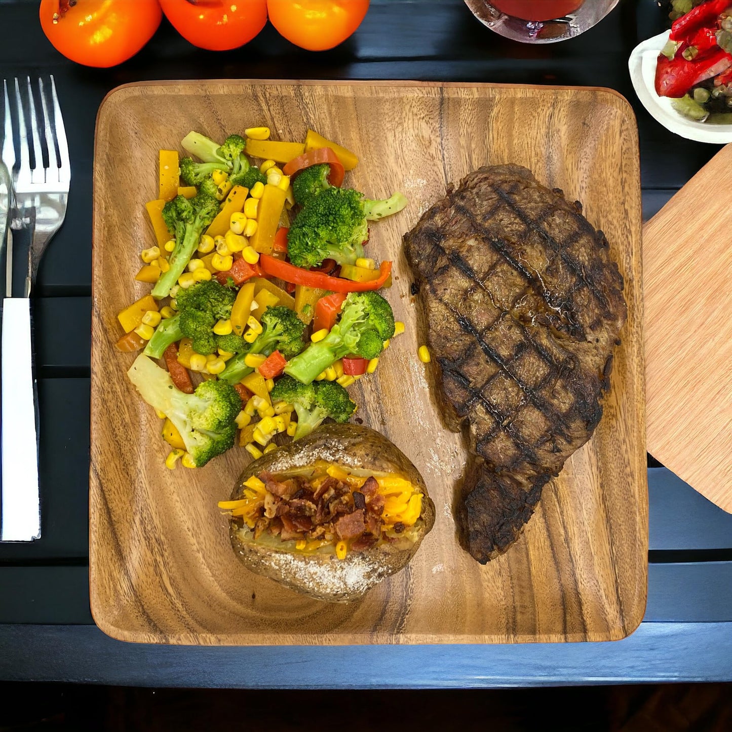 WRIGHTMART Acacia Wooden Plates – Set of 4, 10 Inch Square Rustic Wood Platters – for Food, Dining, BBQ Parties & Picnics, Durable, Handcrafted to Last, Joint Free, Continuous Beautiful Grains
