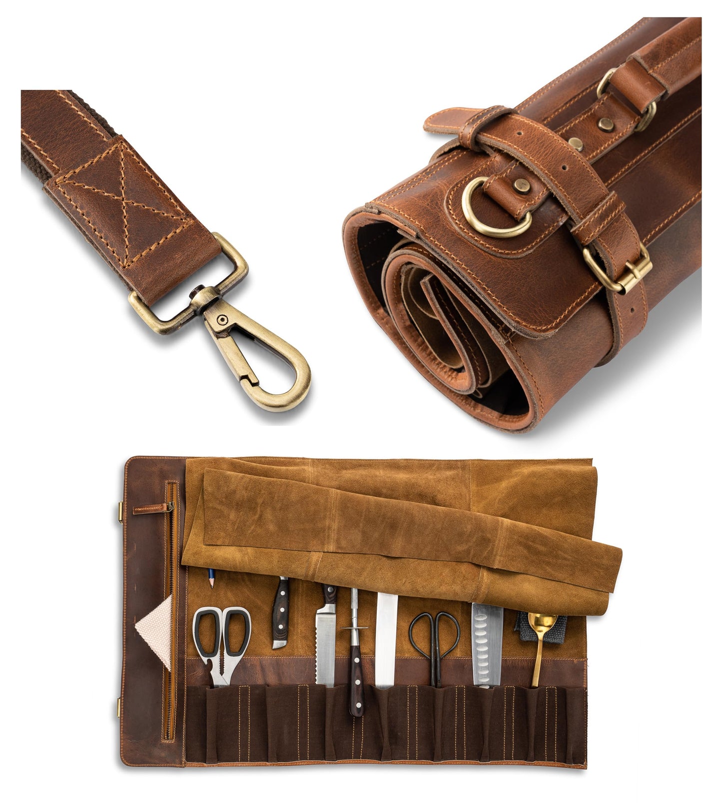 Angus Stoke premium leather knife roll storage bag XXL - 14 pockets, buffalo leather with shoulder strap, chef's knife bag case Rene (Walnut-Brown)